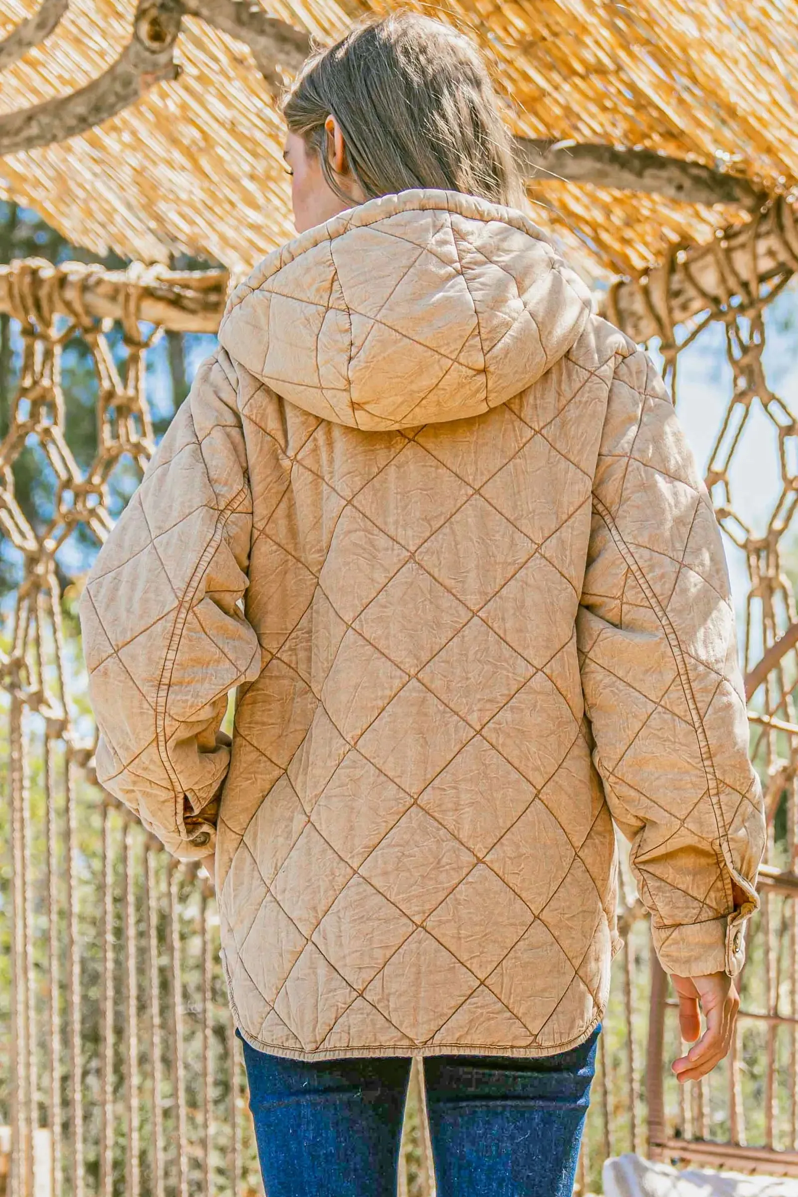 CAMEL WASHED QUILTING AND PADDING HALFF ZIP-UP HOODIE