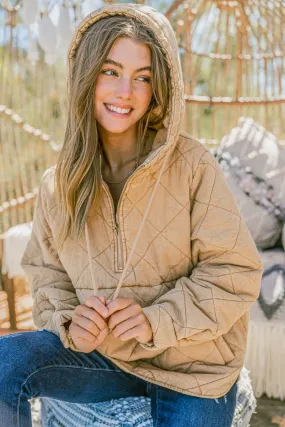 CAMEL WASHED QUILTING AND PADDING HALFF ZIP-UP HOODIE