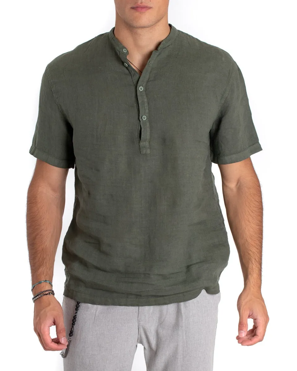 Camicia Uomo Serafino Casacca Manica Corta Lino Casual Tinta Unita Verde GIOSAL-CC1159A