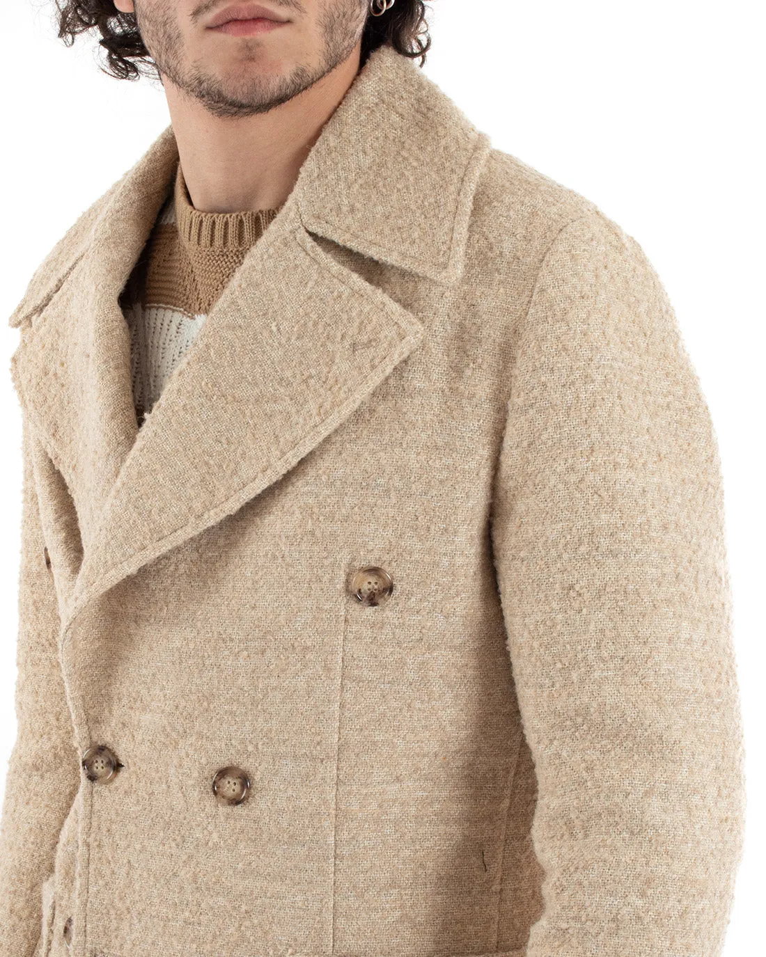 Cappotto Doppiopetto Uomo Giacca Giaccone Teddy Pelliccia Beige Giubbotto Elegante GIOSAL-G2961A