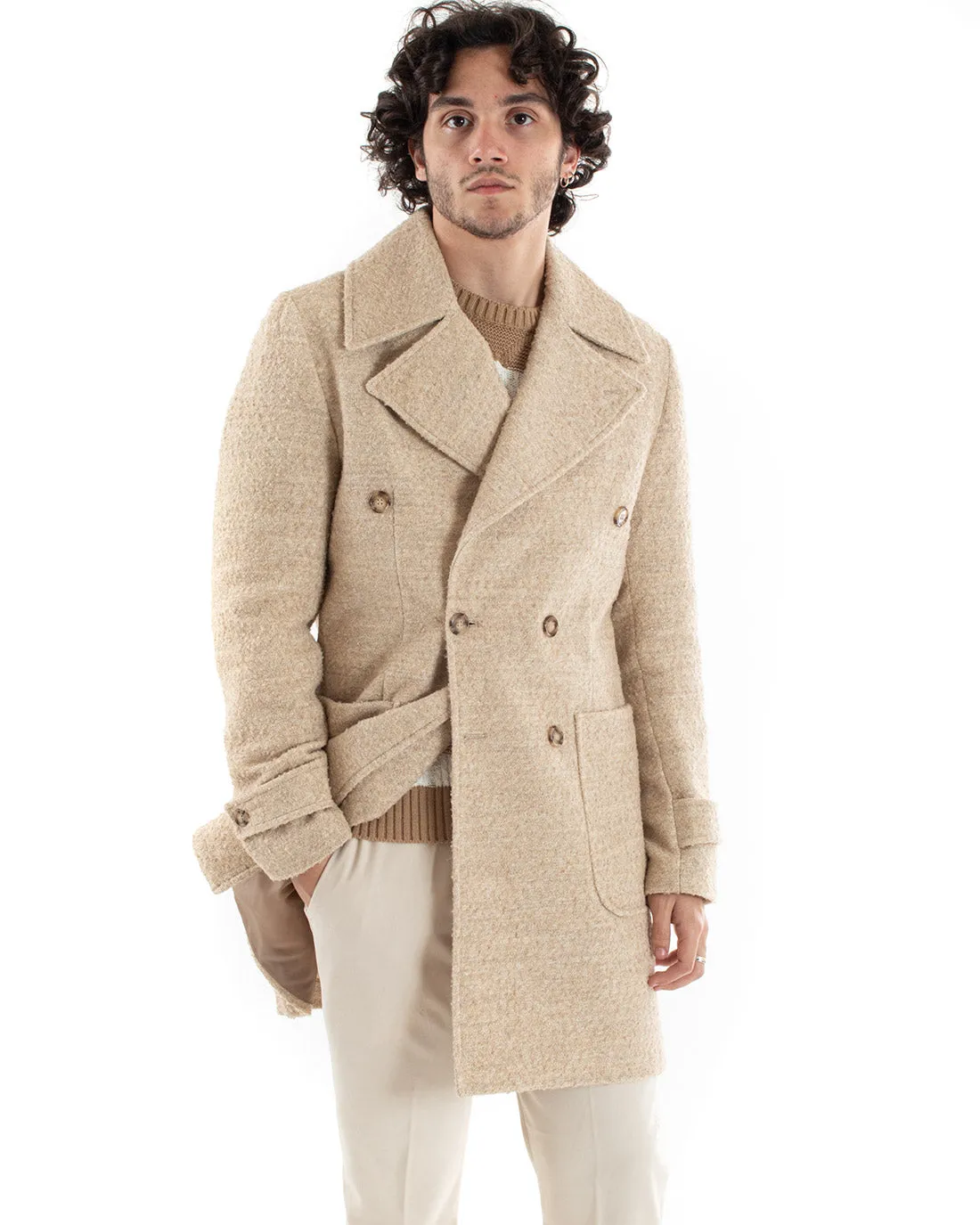 Cappotto Doppiopetto Uomo Giacca Giaccone Teddy Pelliccia Beige Giubbotto Elegante GIOSAL-G2961A