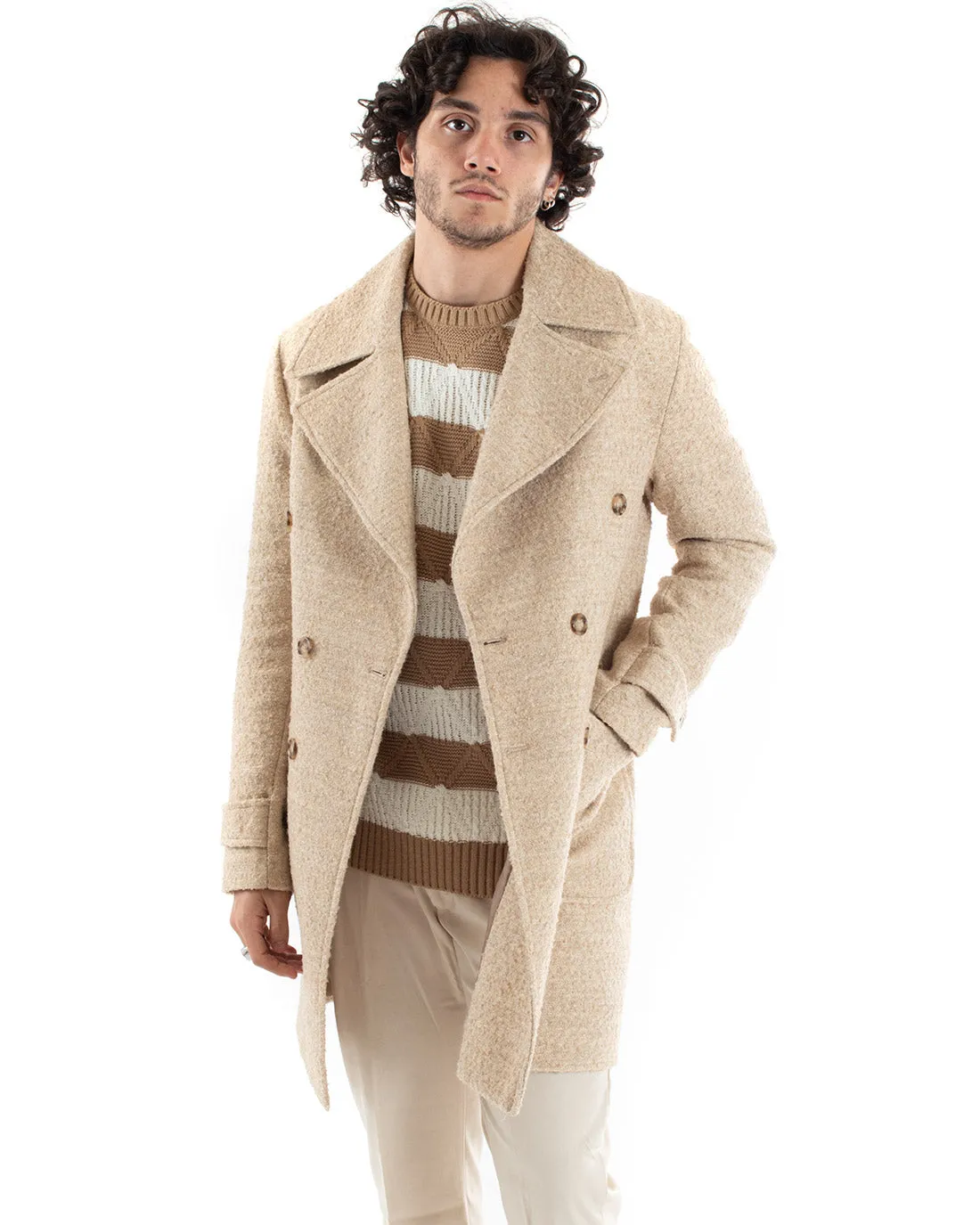 Cappotto Doppiopetto Uomo Giacca Giaccone Teddy Pelliccia Beige Giubbotto Elegante GIOSAL-G2961A