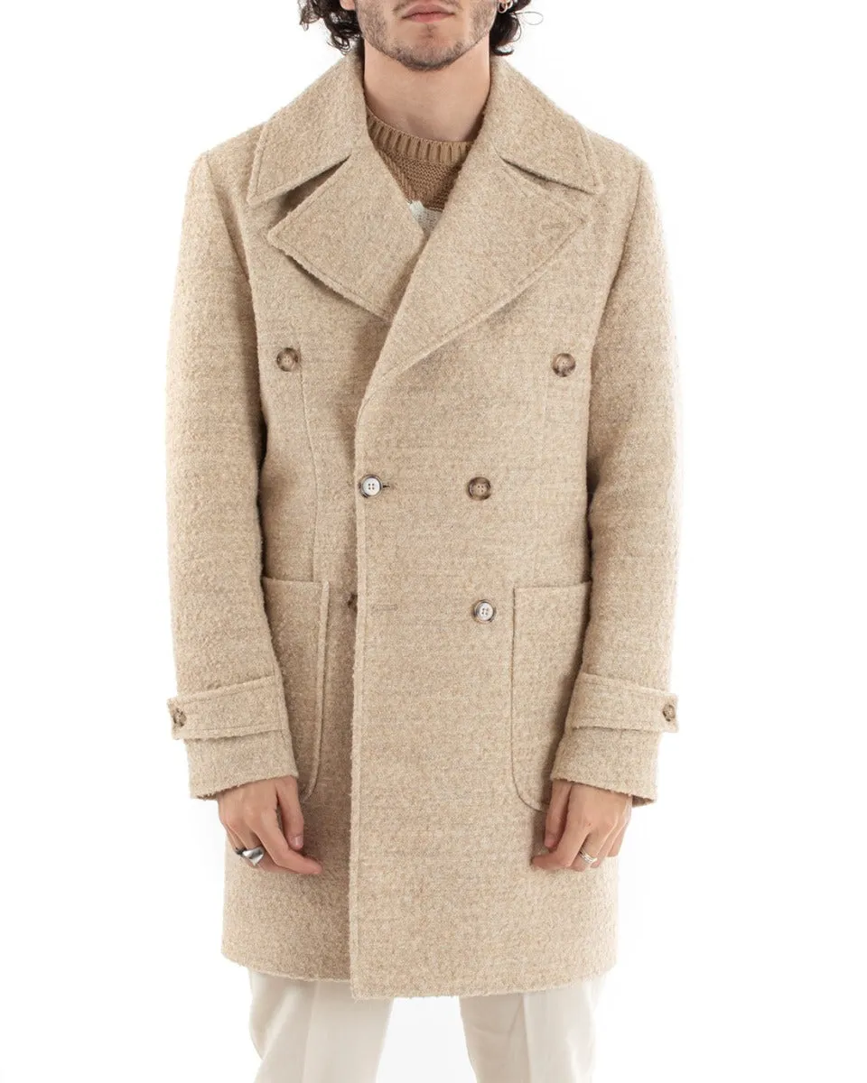 Cappotto Doppiopetto Uomo Giacca Giaccone Teddy Pelliccia Beige Giubbotto Elegante GIOSAL-G2961A