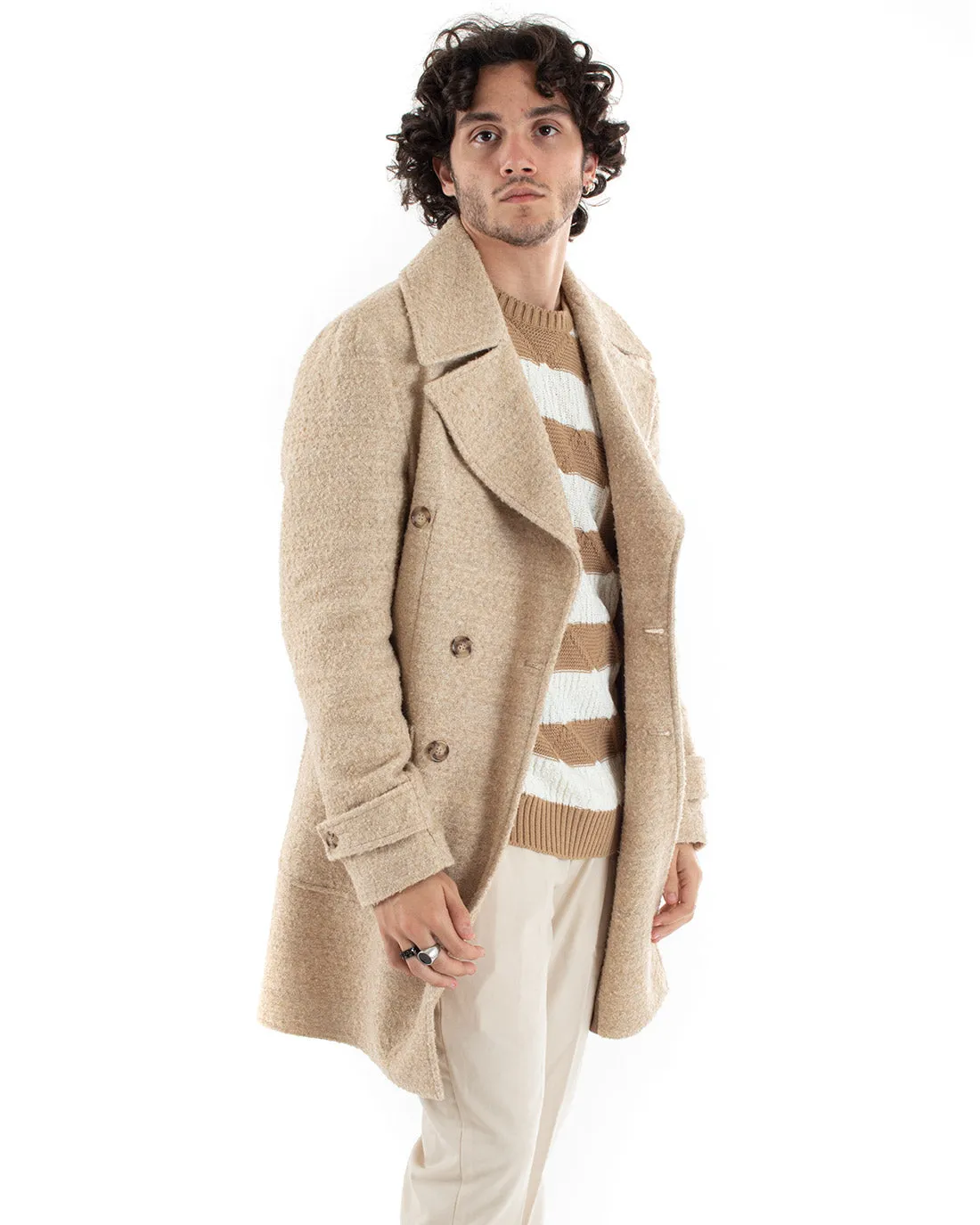 Cappotto Doppiopetto Uomo Giacca Giaccone Teddy Pelliccia Beige Giubbotto Elegante GIOSAL-G2961A