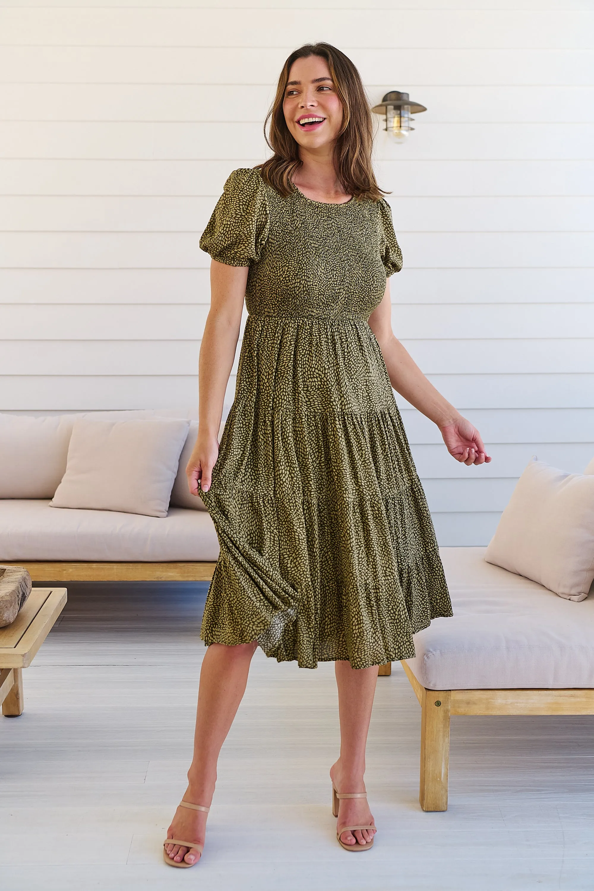 Caroline Khaki Speckled Print Shirred Tiered Dress