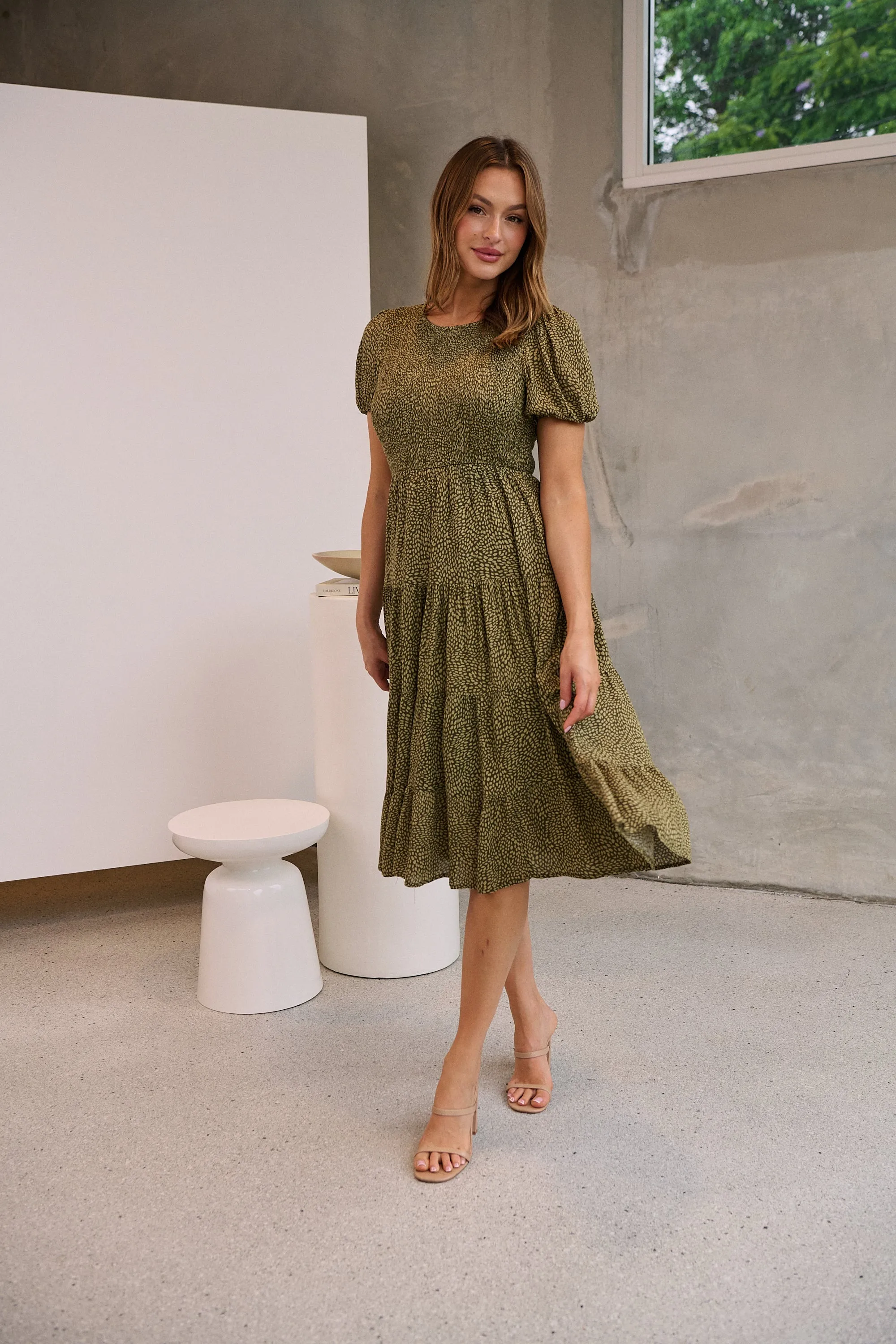 Caroline Khaki Speckled Print Shirred Tiered Dress