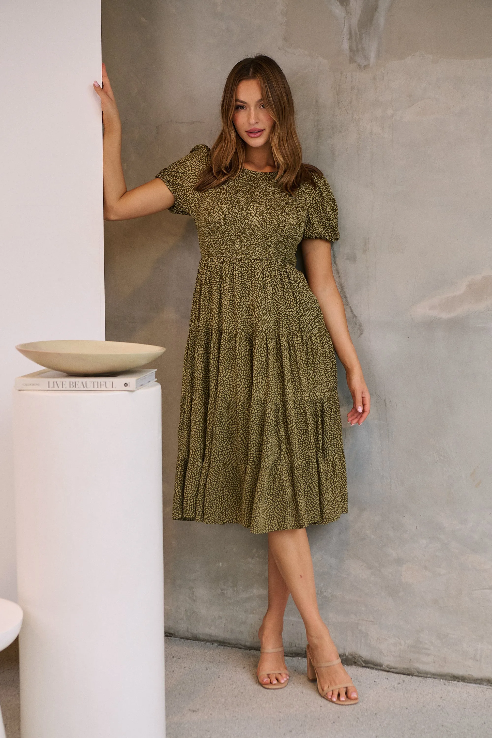 Caroline Khaki Speckled Print Shirred Tiered Dress