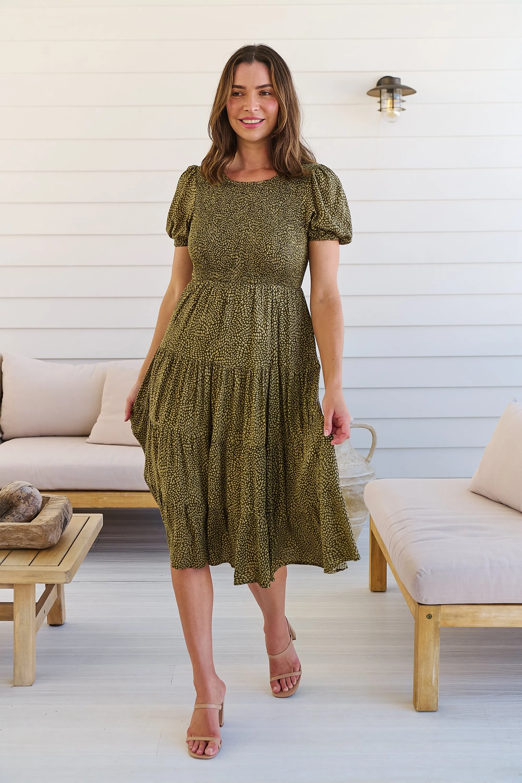 Caroline Khaki Speckled Print Shirred Tiered Dress