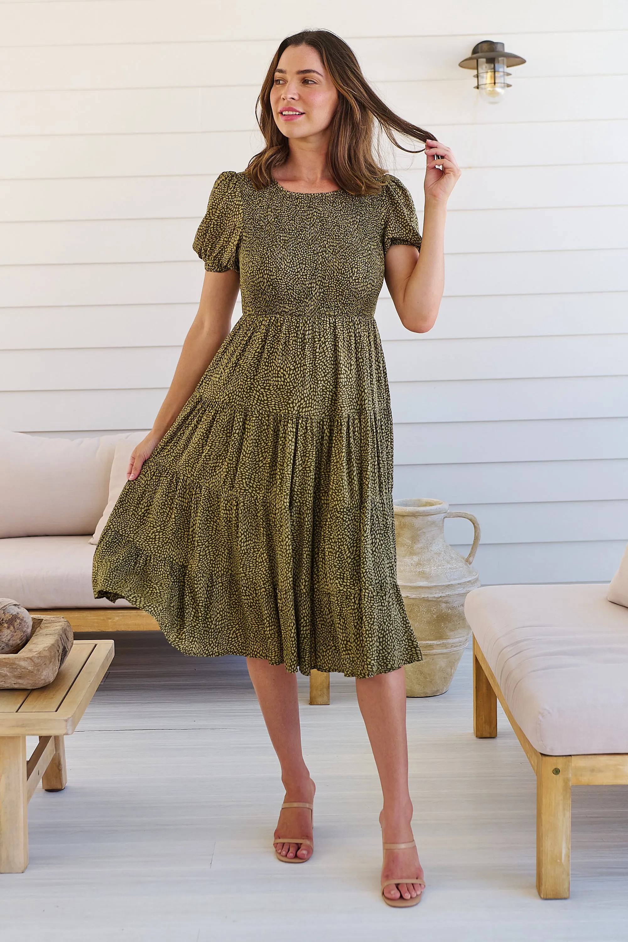 Caroline Khaki Speckled Print Shirred Tiered Dress