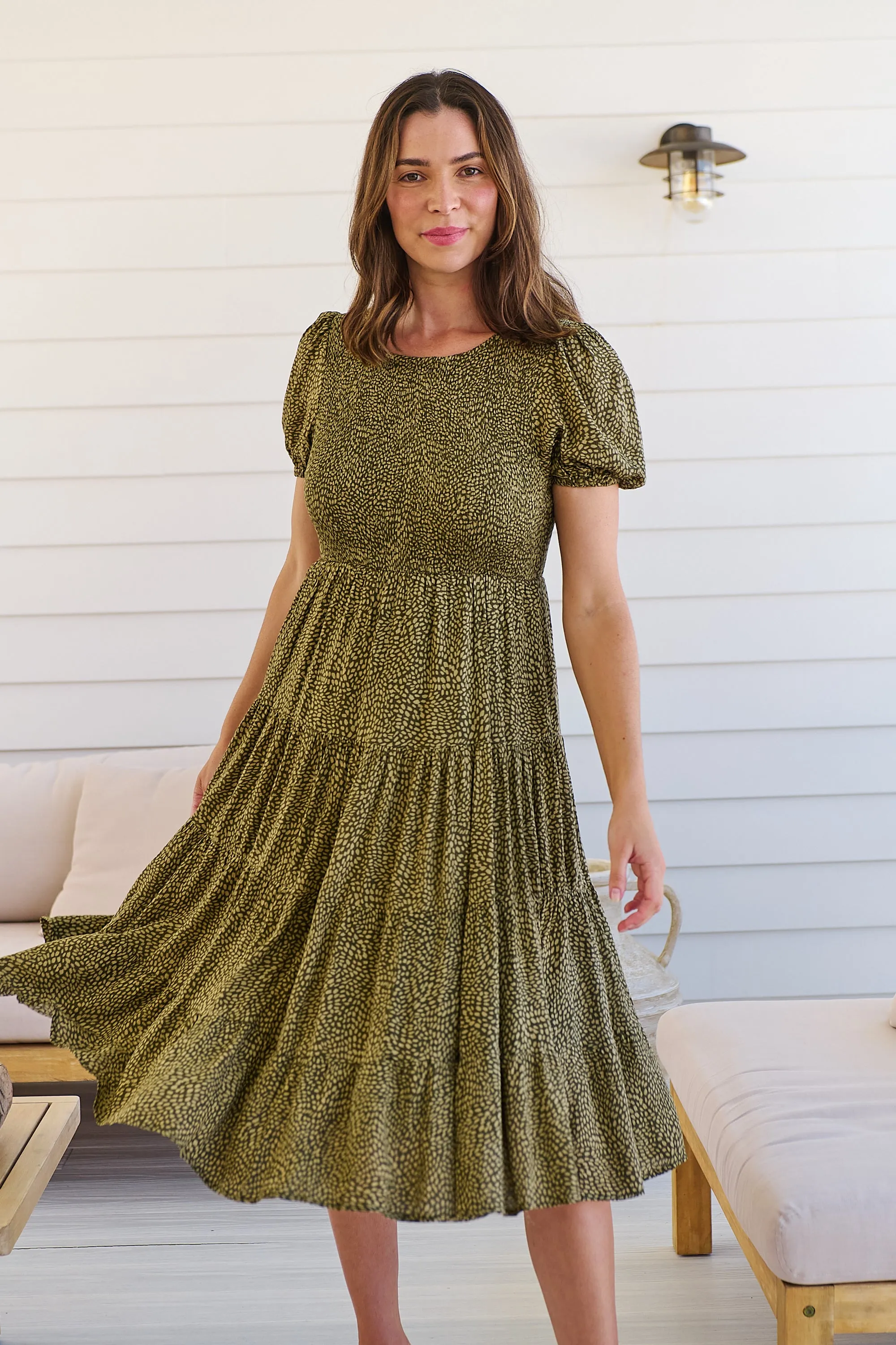 Caroline Khaki Speckled Print Shirred Tiered Dress