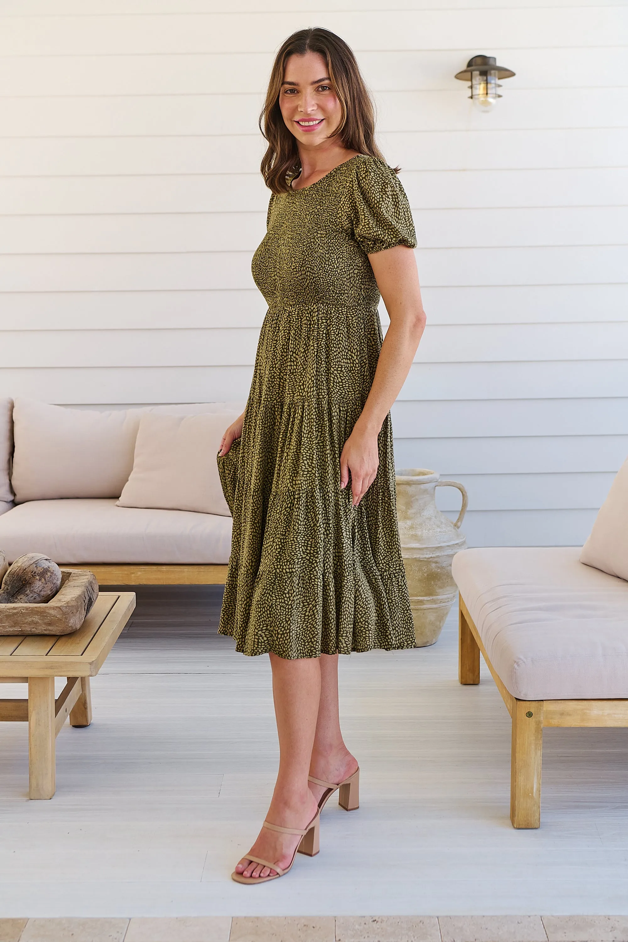 Caroline Khaki Speckled Print Shirred Tiered Dress