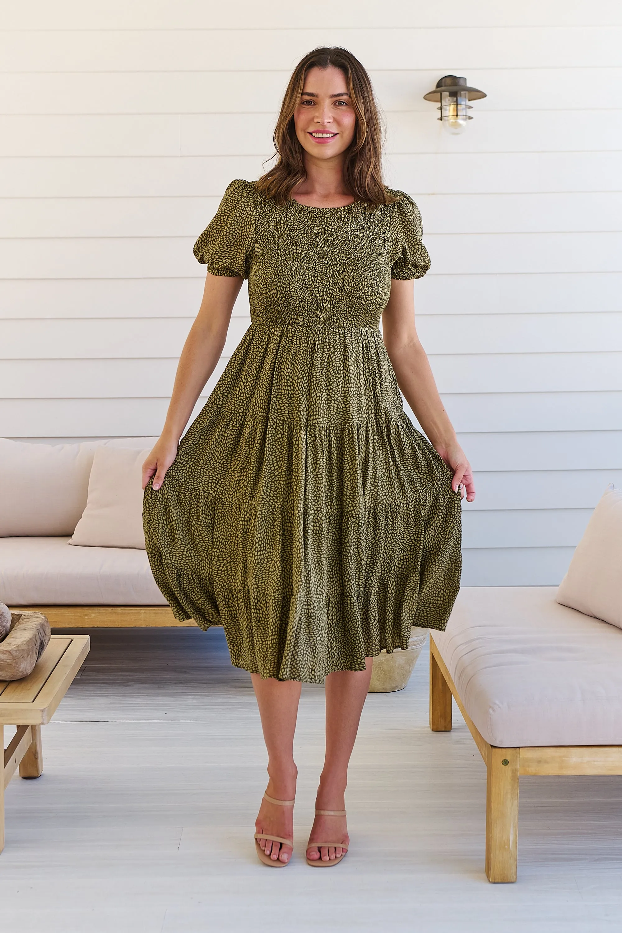 Caroline Khaki Speckled Print Shirred Tiered Dress