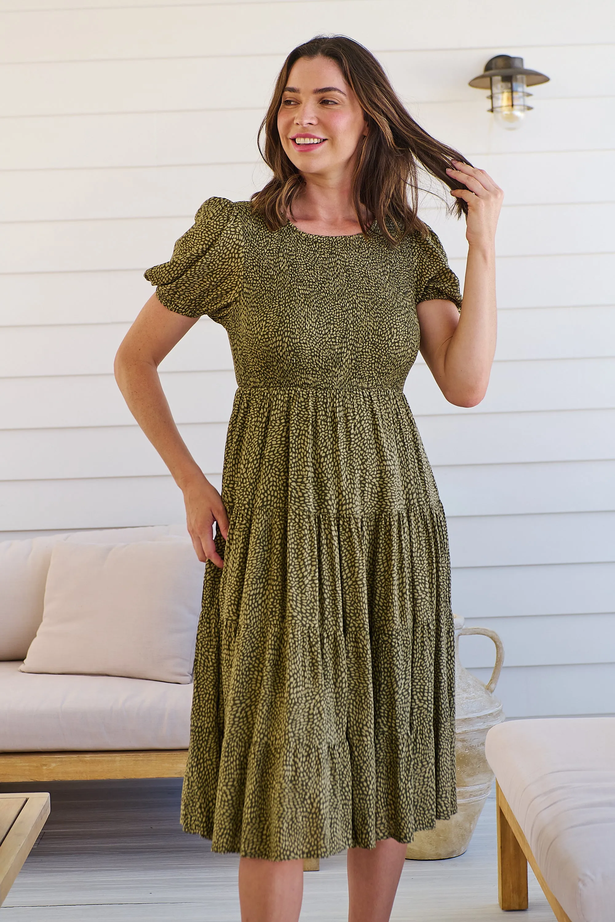 Caroline Khaki Speckled Print Shirred Tiered Dress