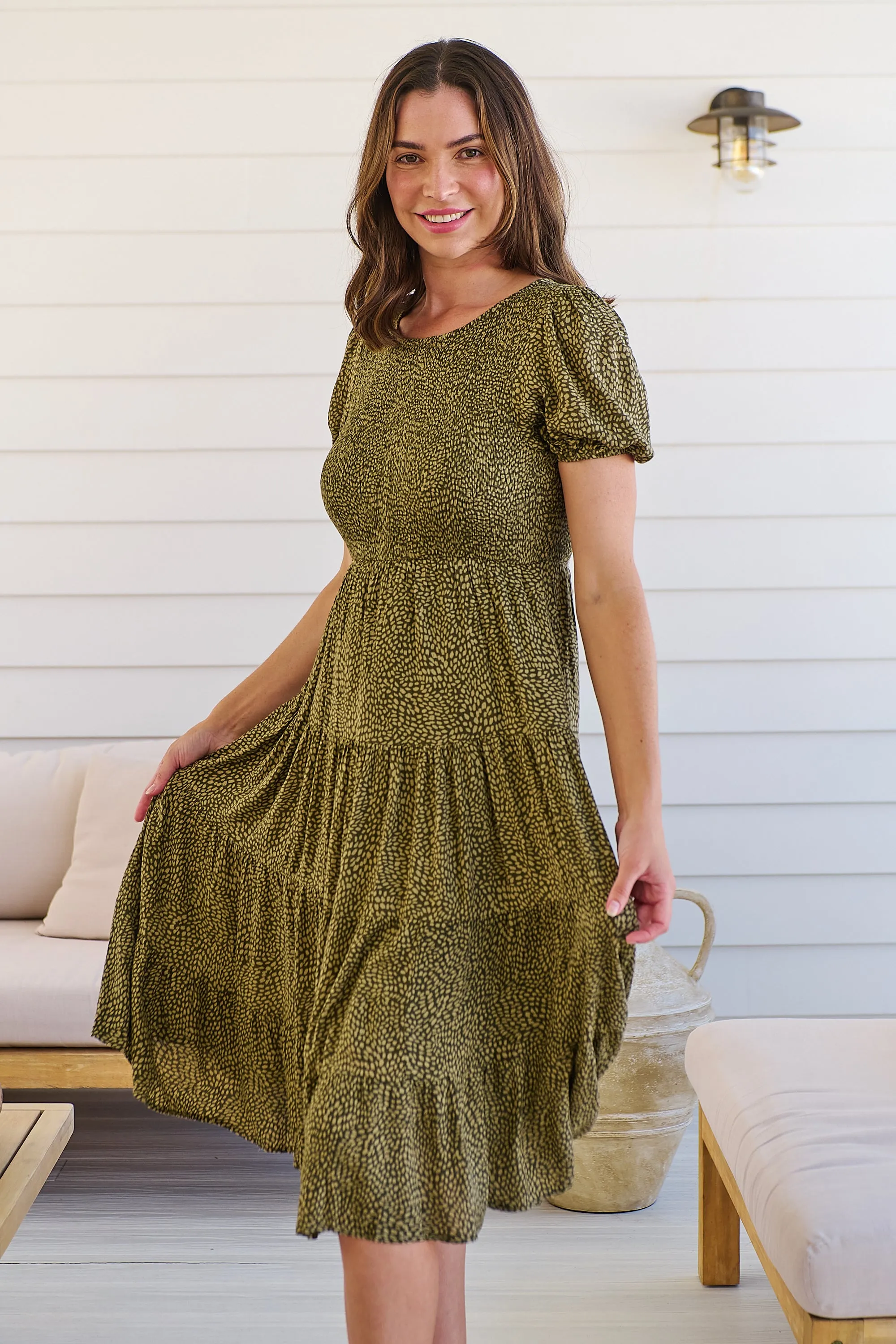 Caroline Khaki Speckled Print Shirred Tiered Dress