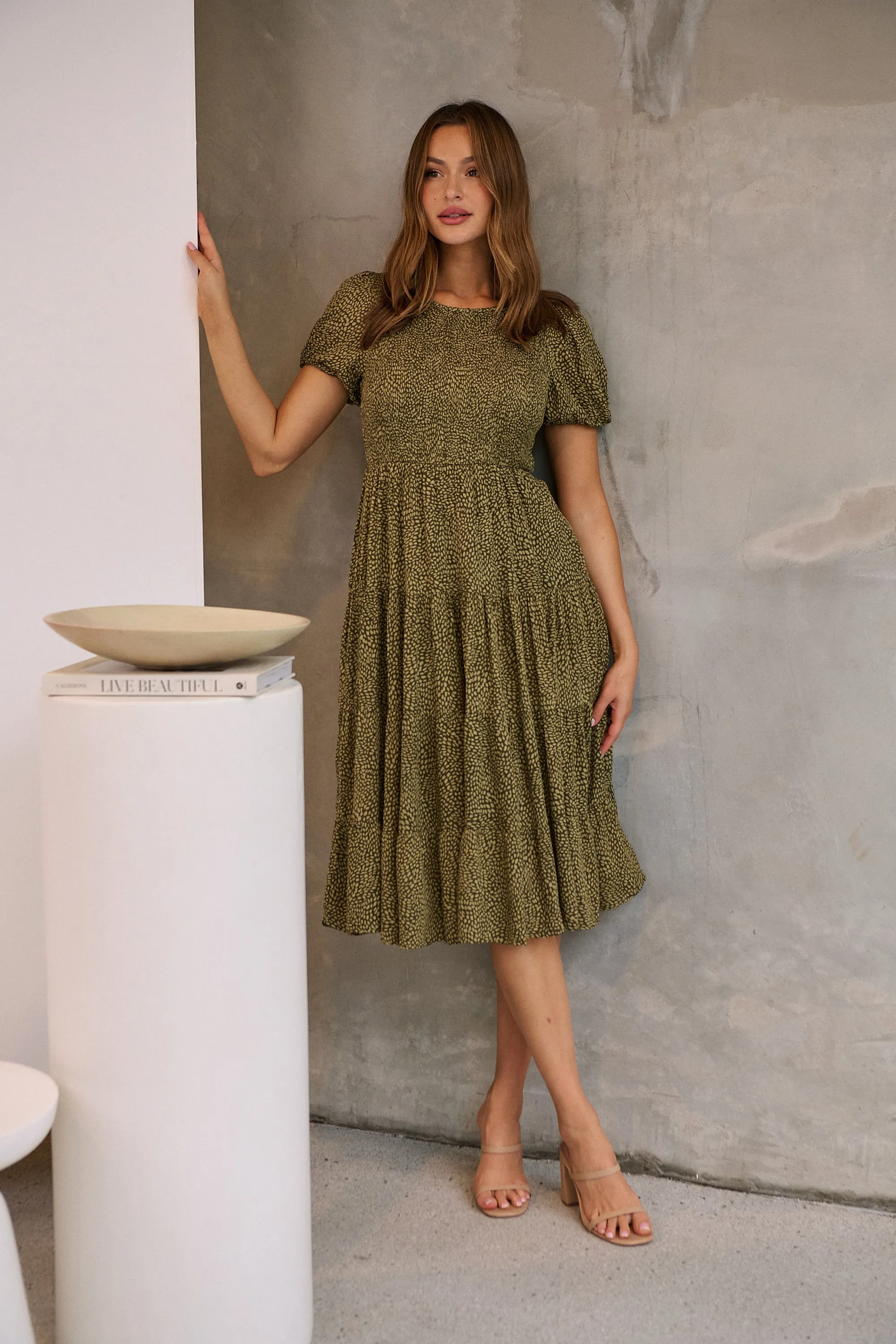 Caroline Khaki Speckled Print Shirred Tiered Dress