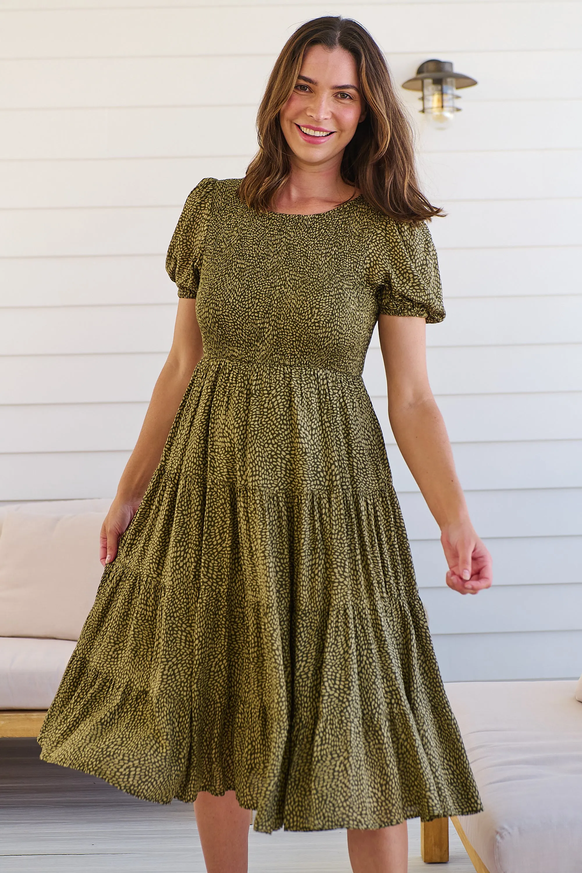 Caroline Khaki Speckled Print Shirred Tiered Dress