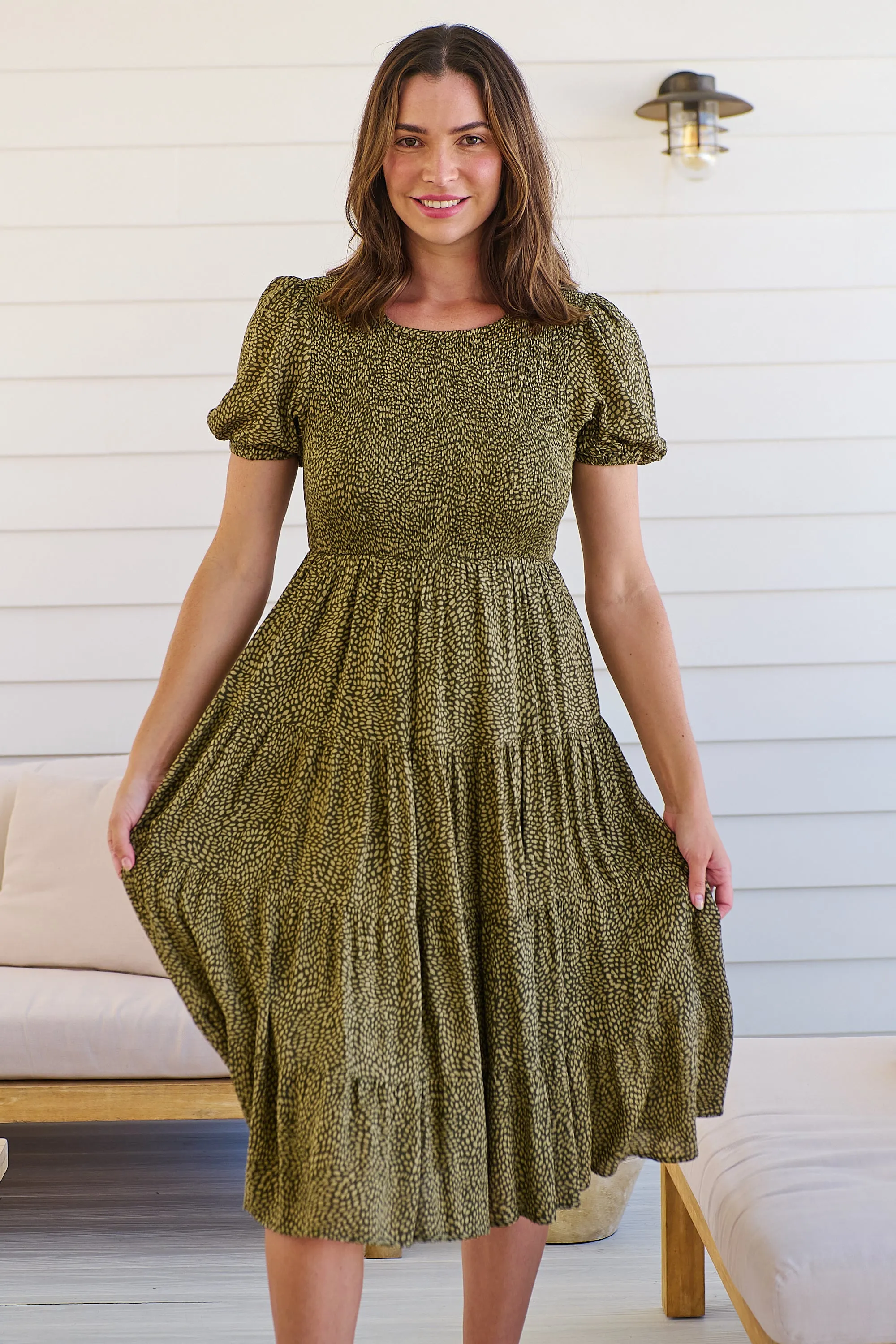 Caroline Khaki Speckled Print Shirred Tiered Dress