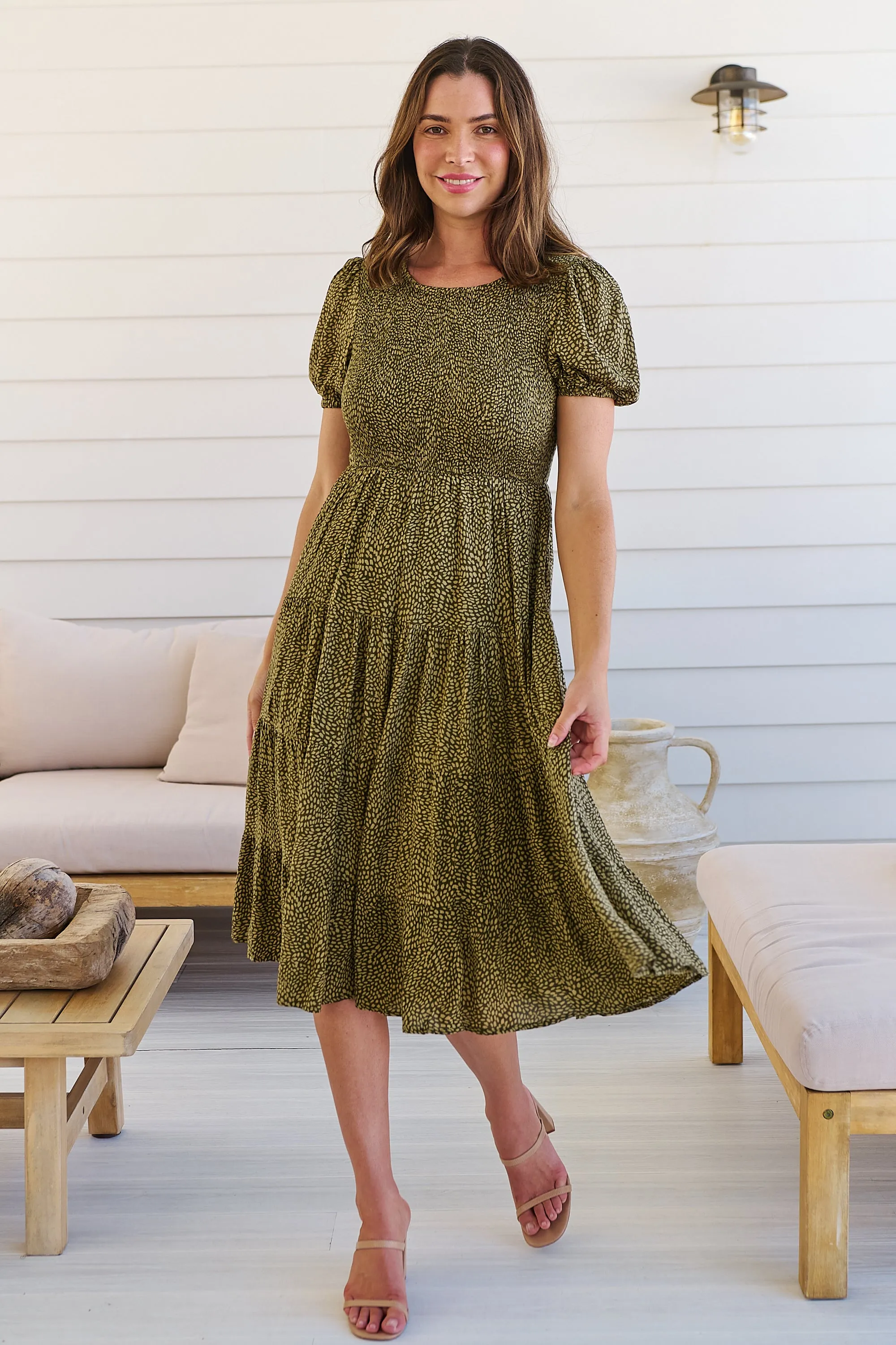 Caroline Khaki Speckled Print Shirred Tiered Dress