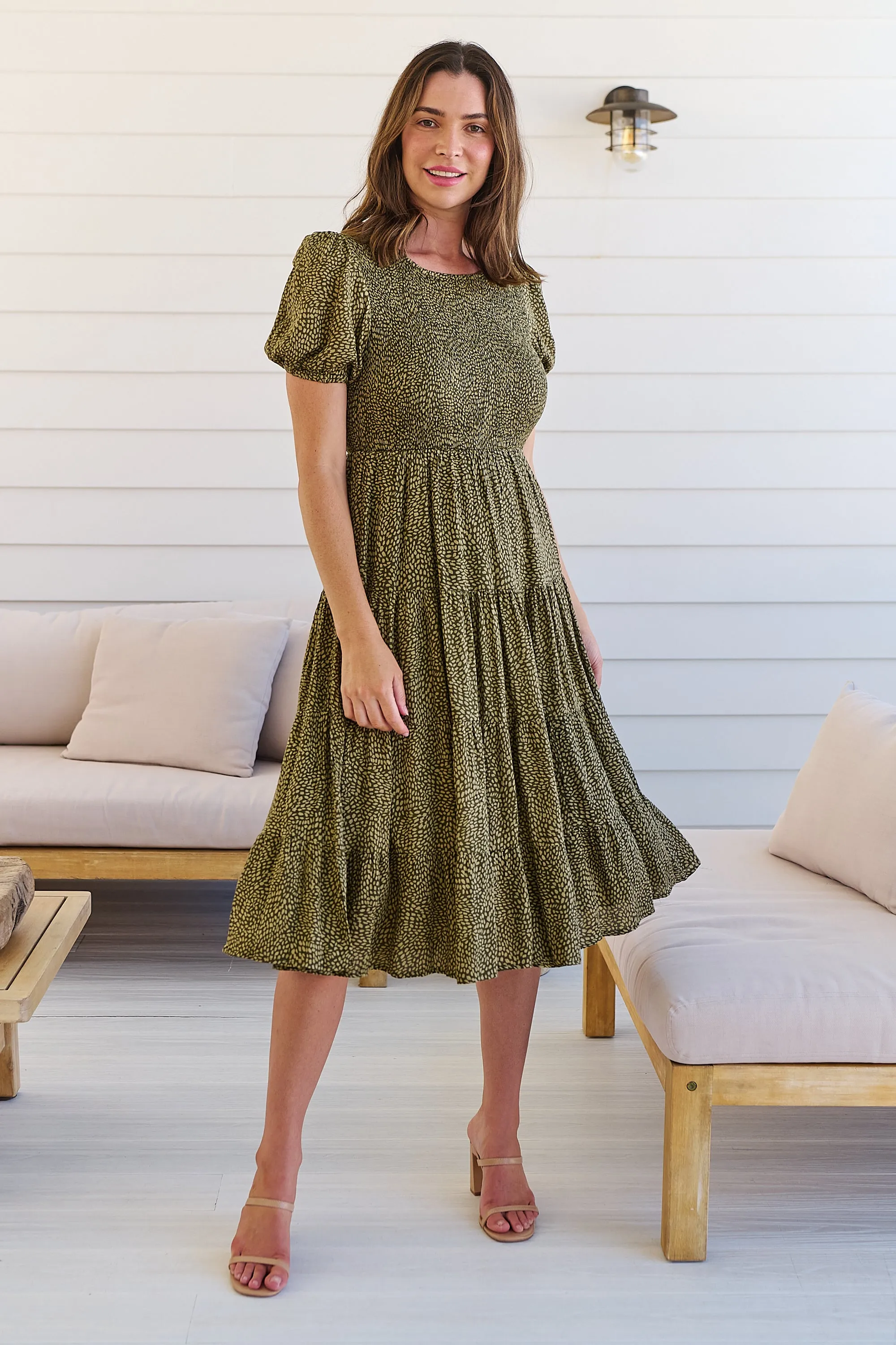 Caroline Khaki Speckled Print Shirred Tiered Dress