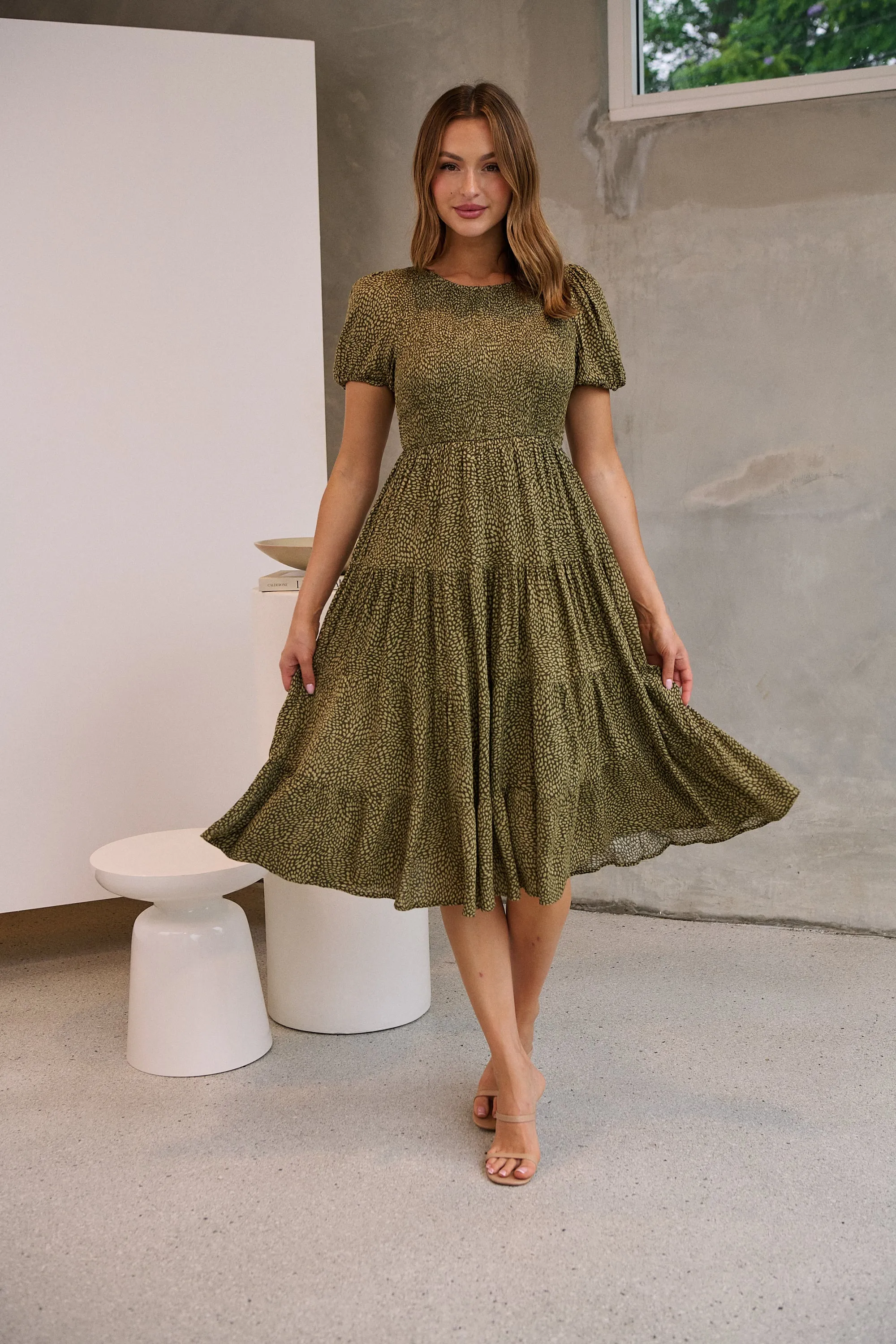 Caroline Khaki Speckled Print Shirred Tiered Dress