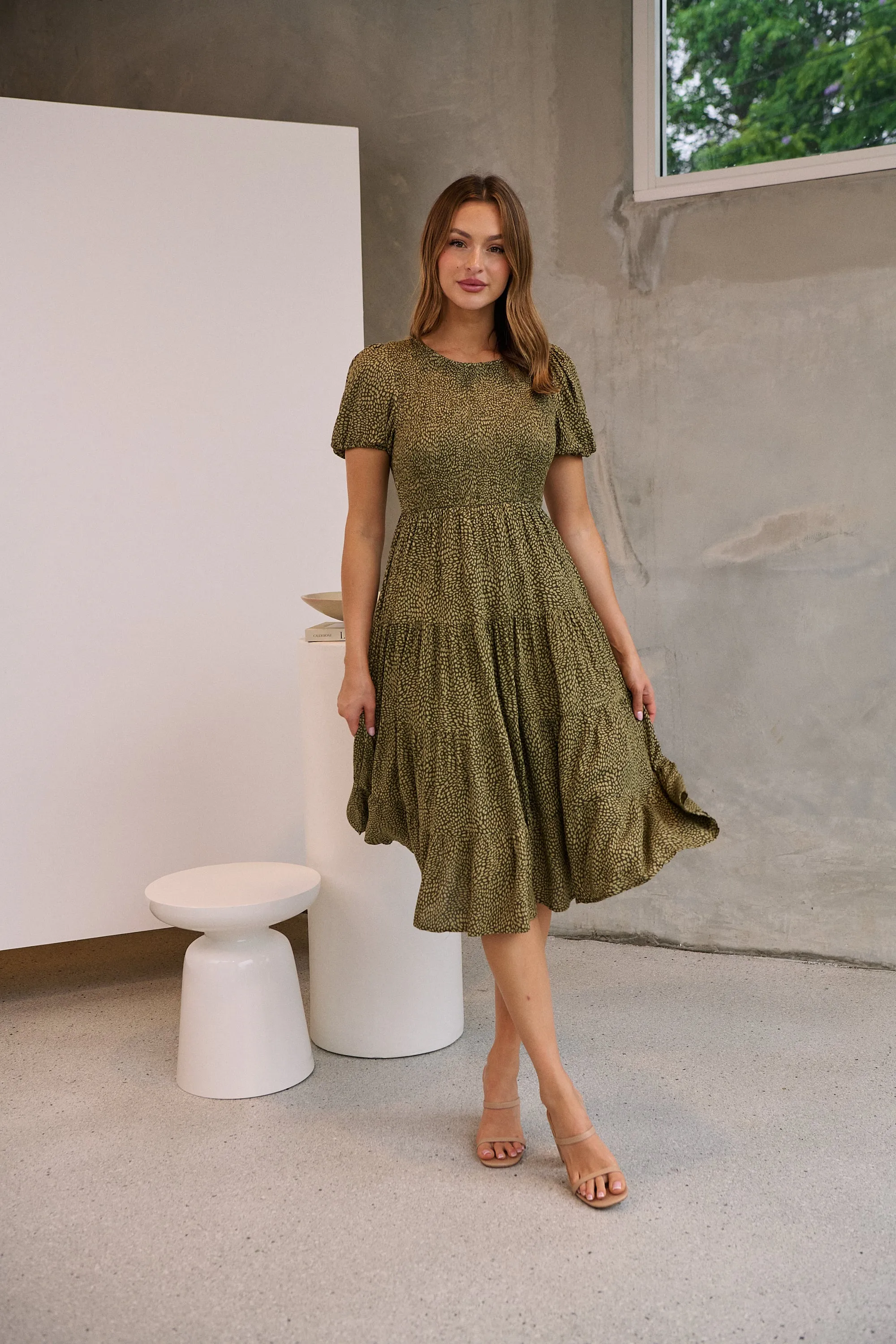 Caroline Khaki Speckled Print Shirred Tiered Dress