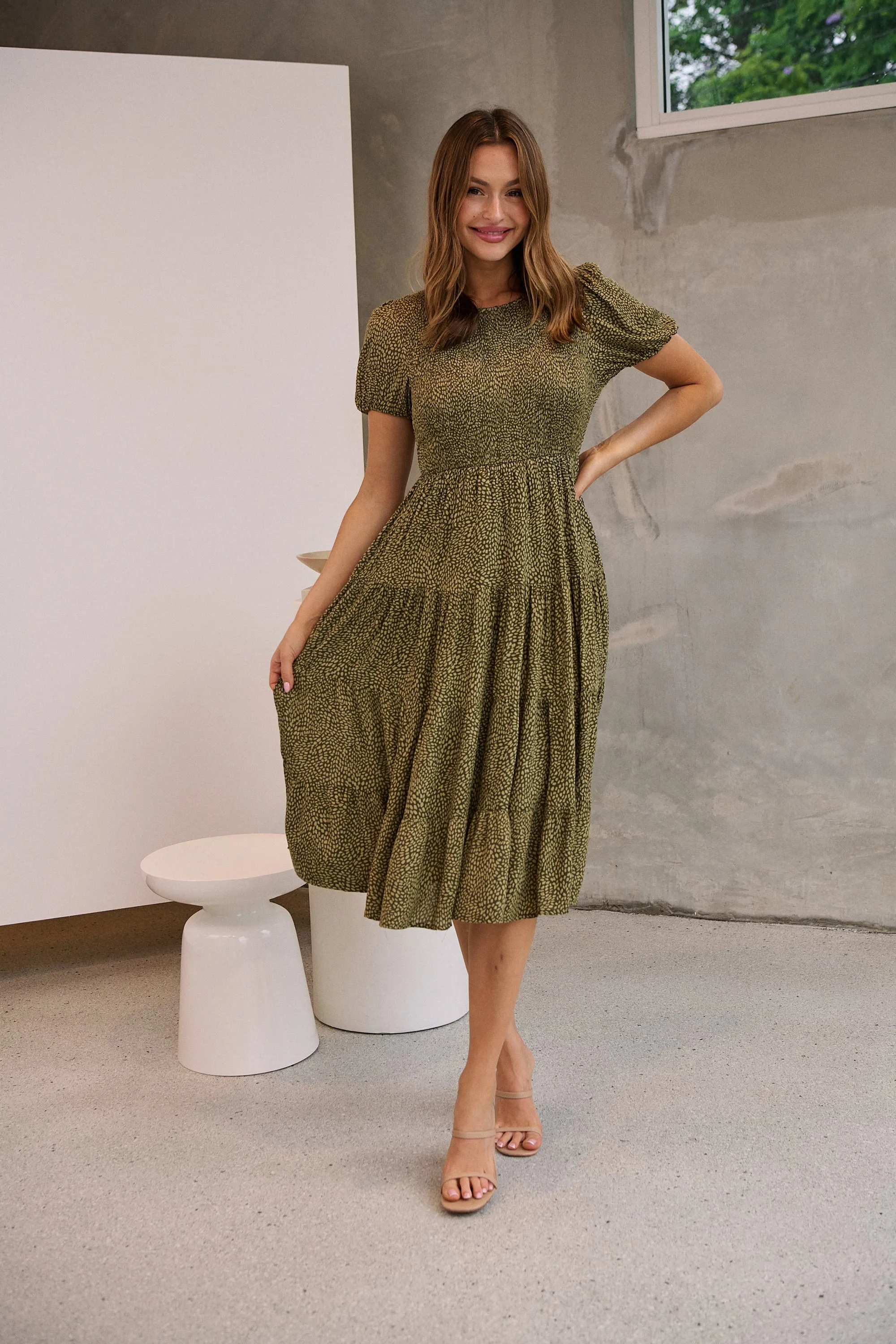 Caroline Khaki Speckled Print Shirred Tiered Dress