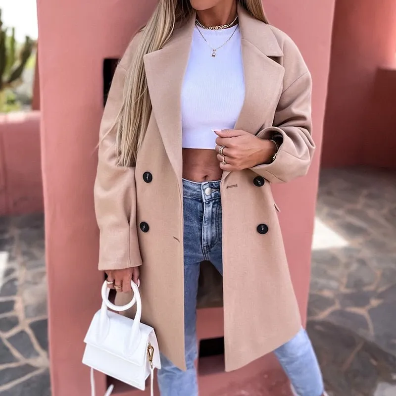 Casual Long Sleeve Midi Blazer Fall Elegant Lapel Double-breasted Woolen Jackets Winter Women Fashion Loose Solid Outerwear