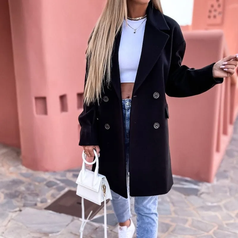 Casual Long Sleeve Midi Blazer Fall Elegant Lapel Double-breasted Woolen Jackets Winter Women Fashion Loose Solid Outerwear