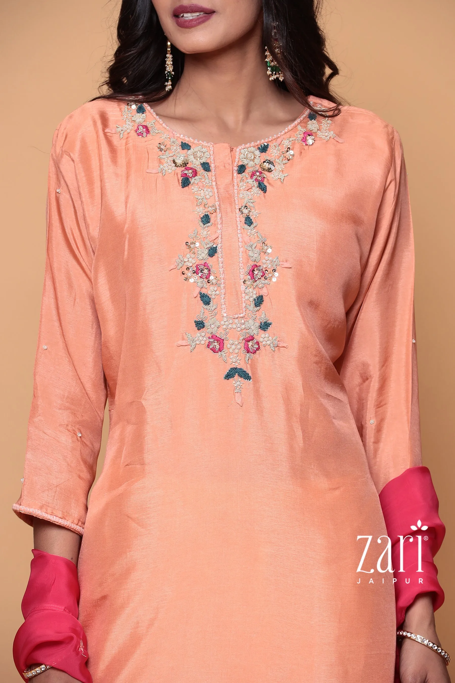 Chanderi silk Kurta with Duppatta in Zardozi work.