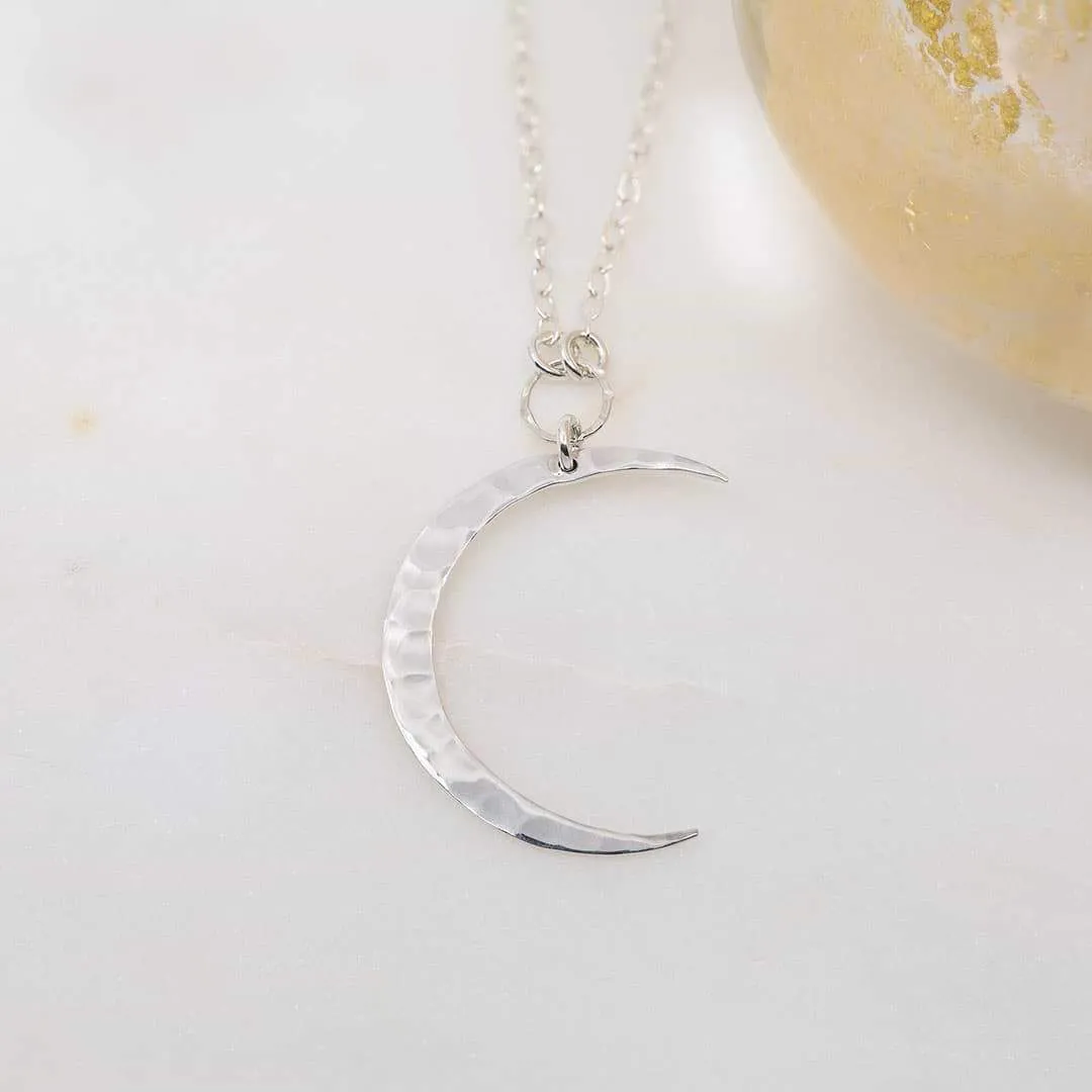 Chandra - Crescent Moon Sterling Silver Hammered Pendant Necklace