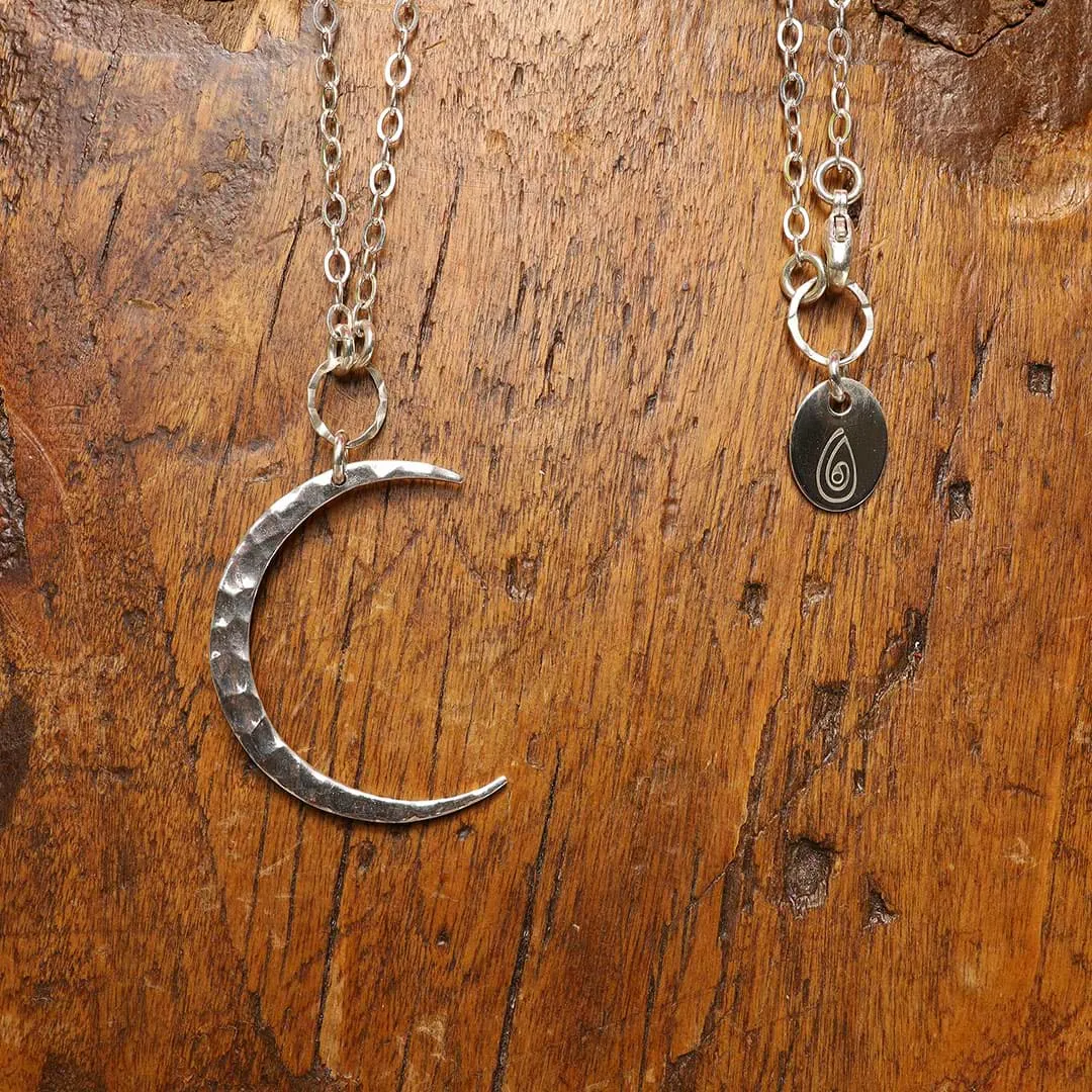 Chandra - Crescent Moon Sterling Silver Hammered Pendant Necklace