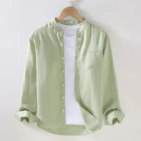 Chinese Collar Olive Green Slub Shirt