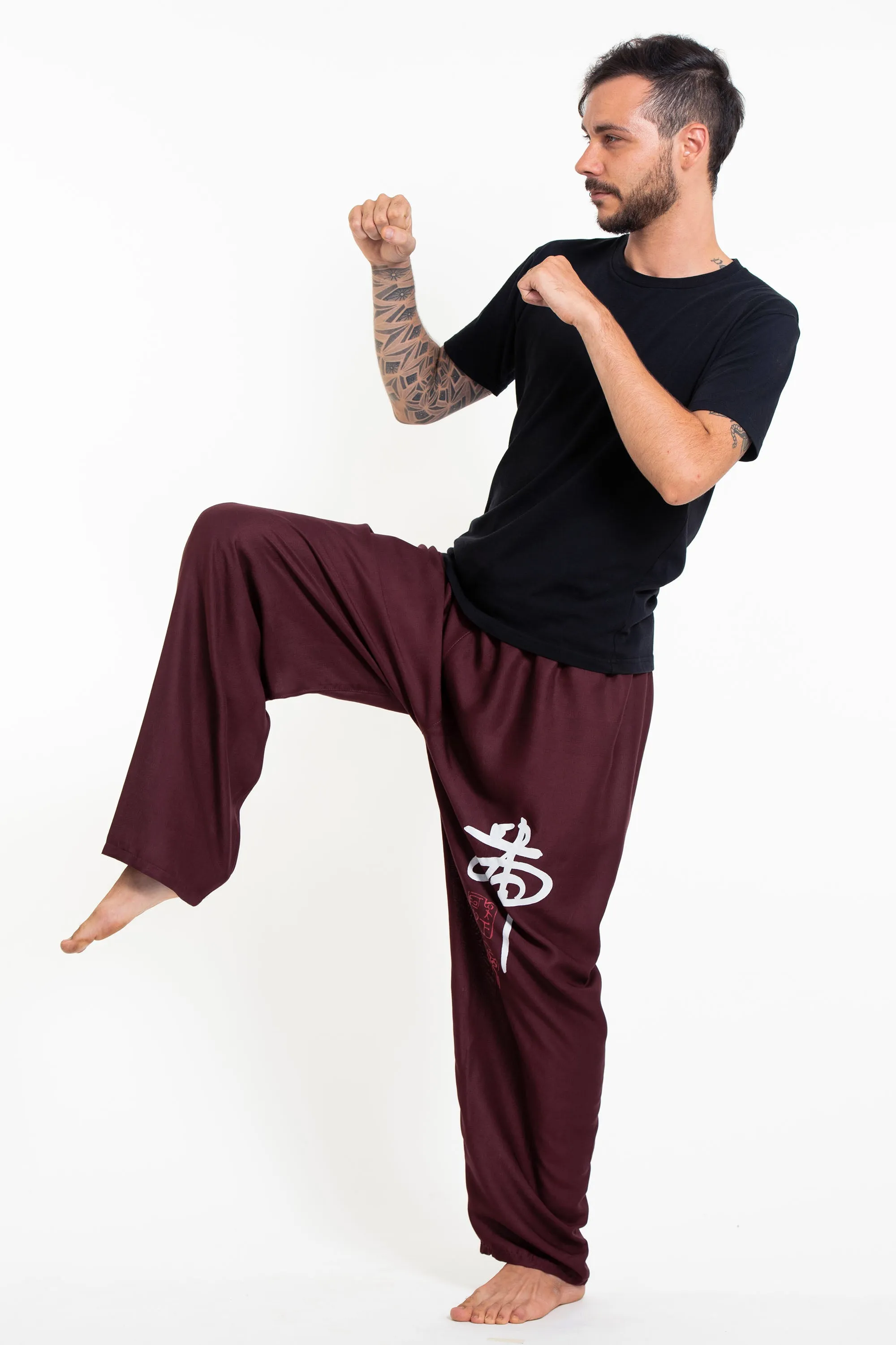 Chinese Writing Men's Thai Yoga Pants in Burgundy