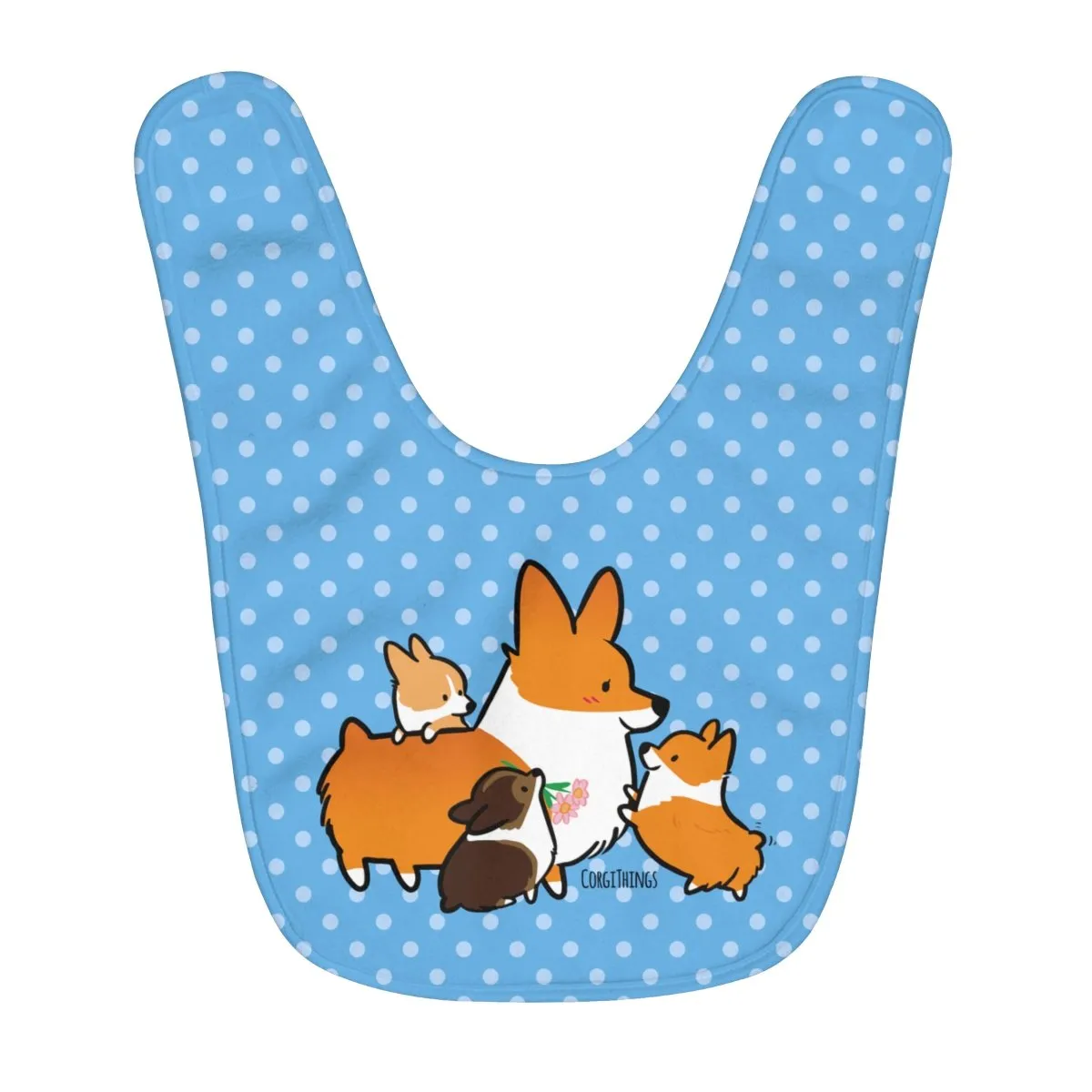 Corgi Mom & Puppies Fleece Baby Bib | Blue Polka Dots