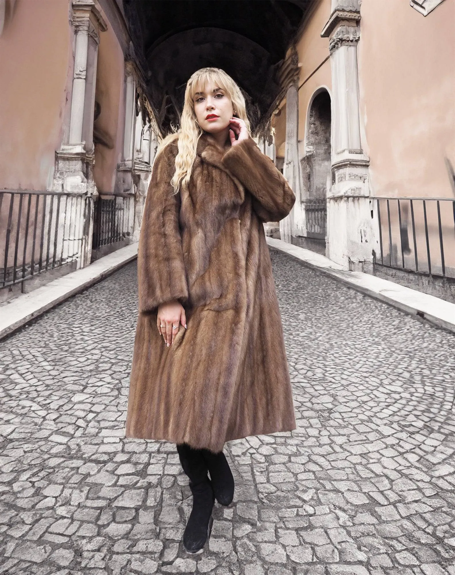 Dark Pastel Canadian Solid Brown Female Mink Fur Coat Coats M/L