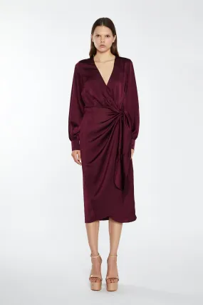 Deep Burgundy Satin Long-Sleeve Wrap Midi-Dress