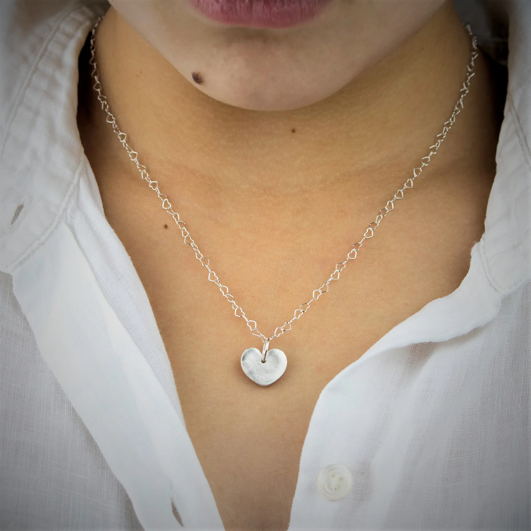 Delightful Fine Silver Heart Charm Necklace with Satin Finish