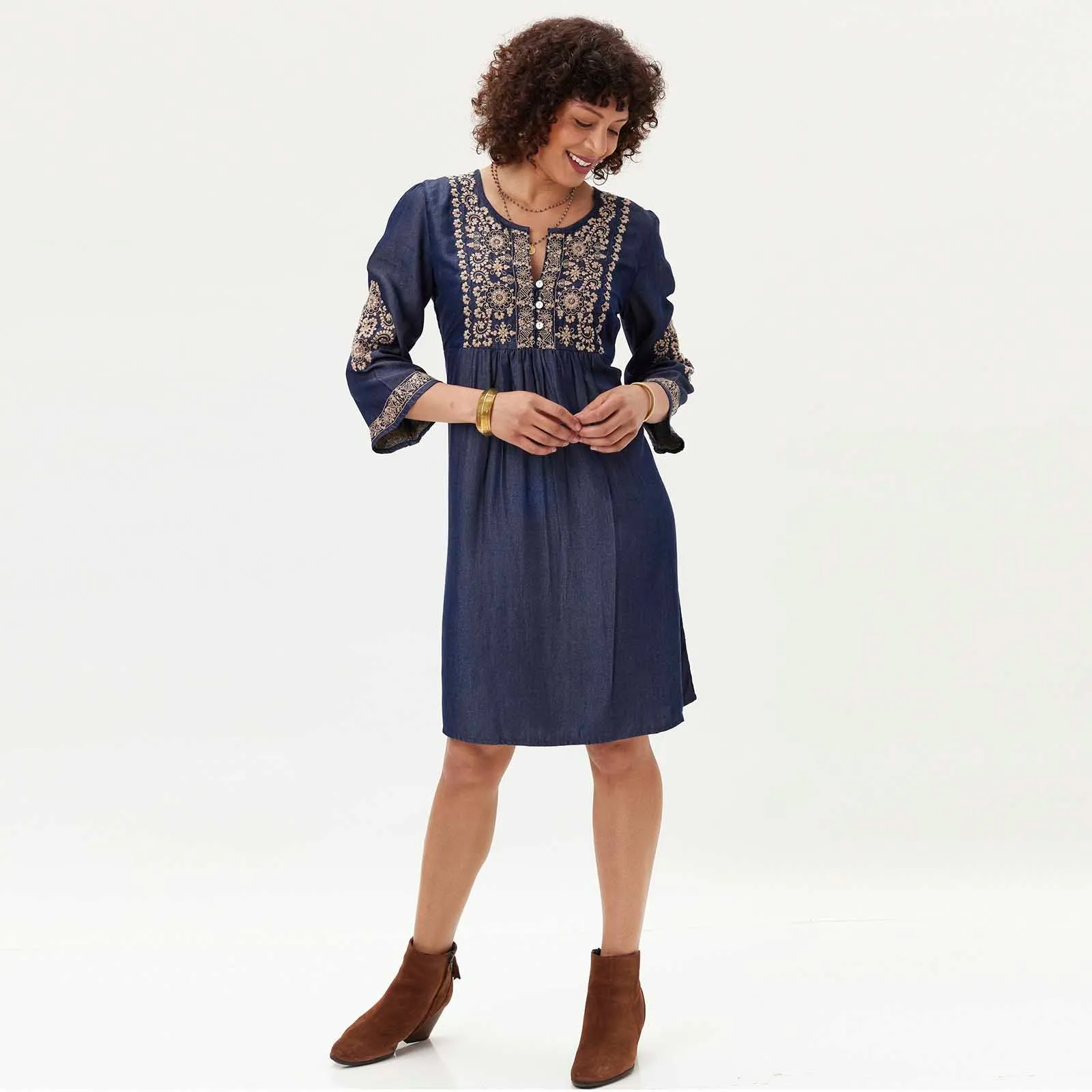 Denim Tencel Dress with Tan Embroidery