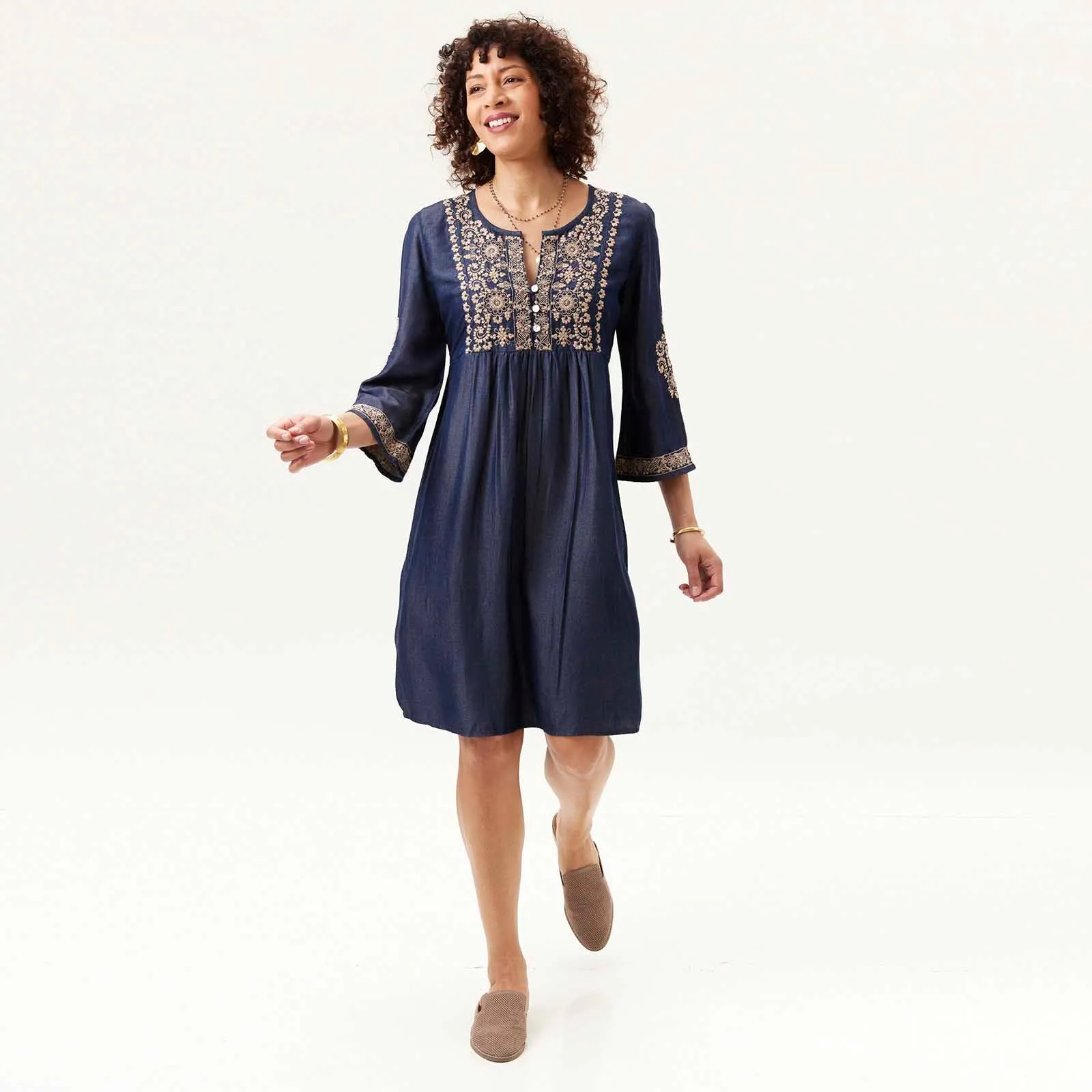 Denim Tencel Dress with Tan Embroidery