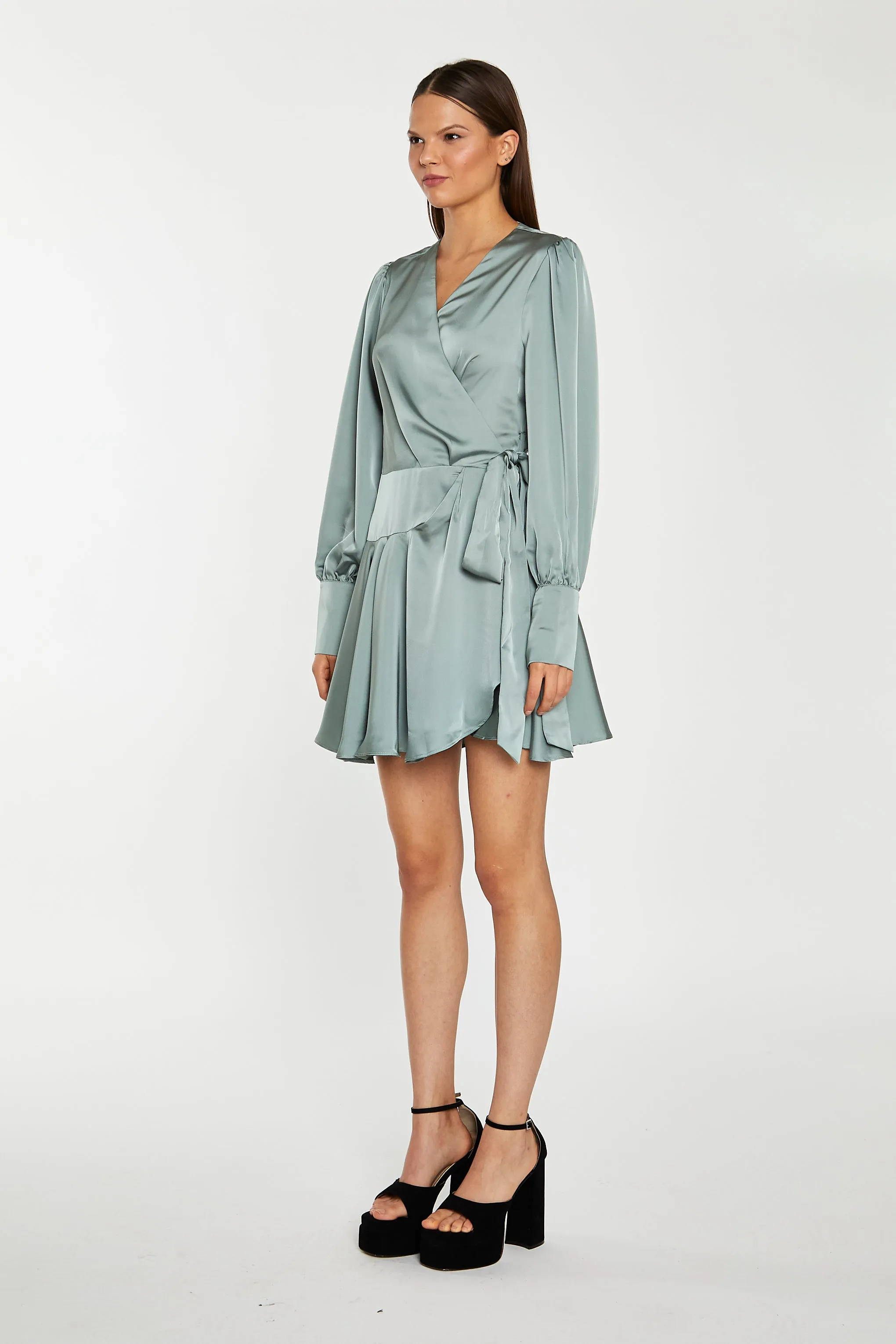 Dusty-Green Satin Wrap Mini-Dress