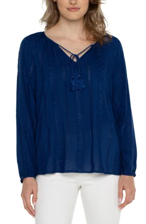 EMBROIDERED SHIRRED BLOUSE WITH NECK TIES