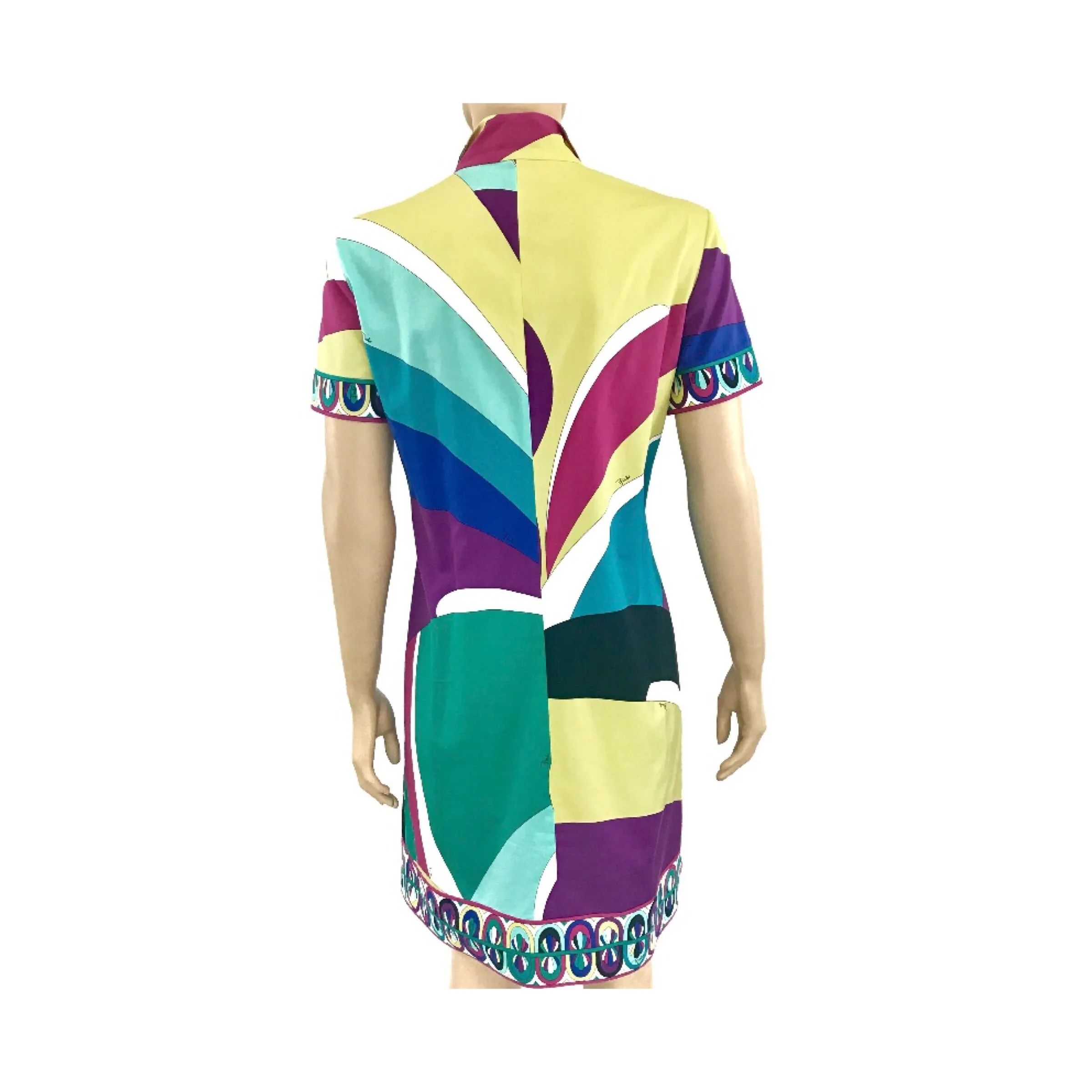 Emilio Pucci Cotton Button Down Dress Multi Colored Short Sleeve Size US10 | IT42