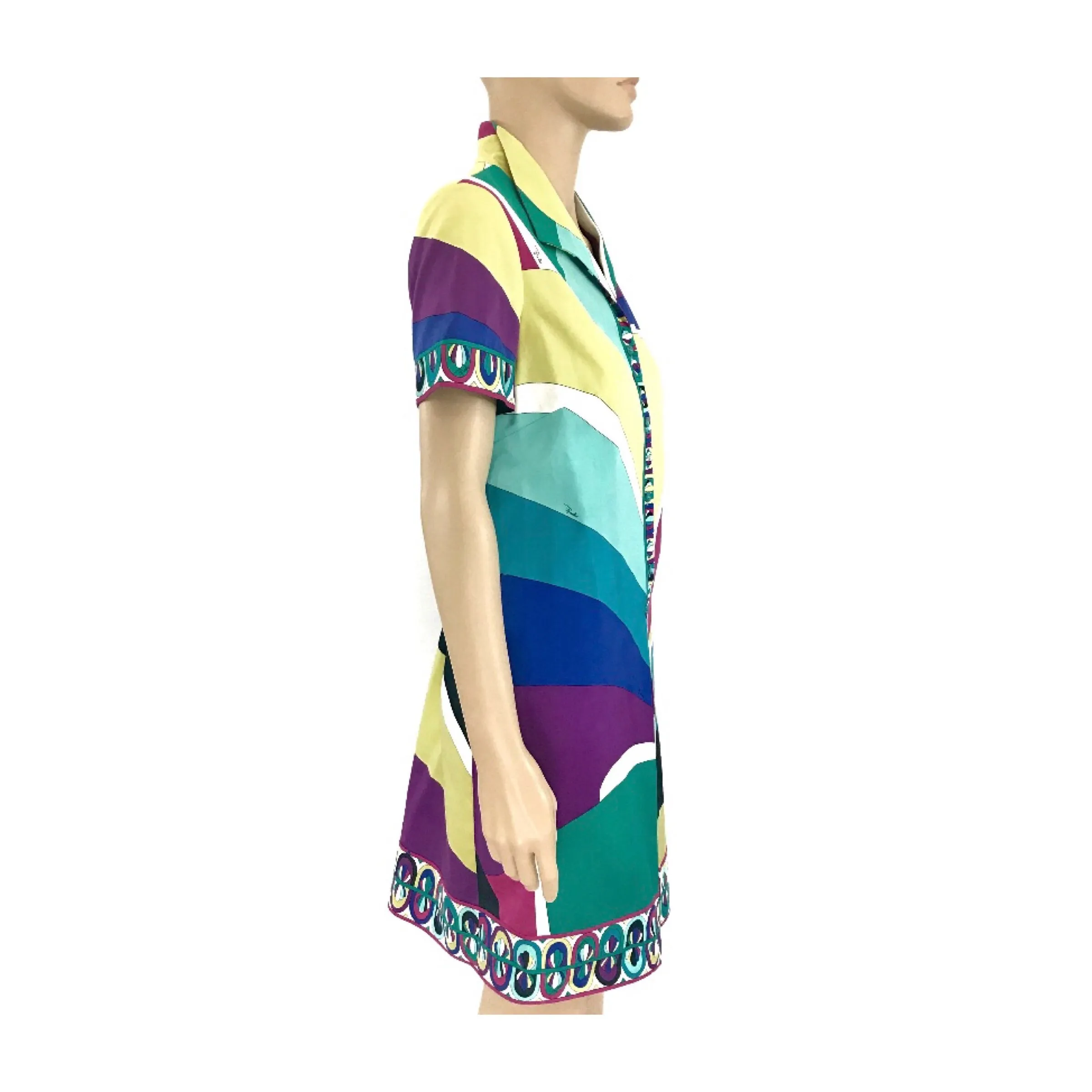 Emilio Pucci Cotton Button Down Dress Multi Colored Short Sleeve Size US10 | IT42