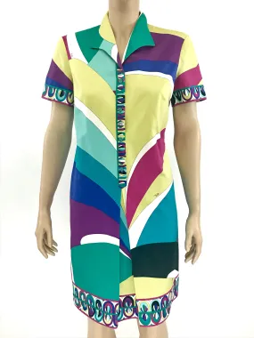 Emilio Pucci Cotton Button Down Dress Multi Colored Short Sleeve Size US10 | IT42