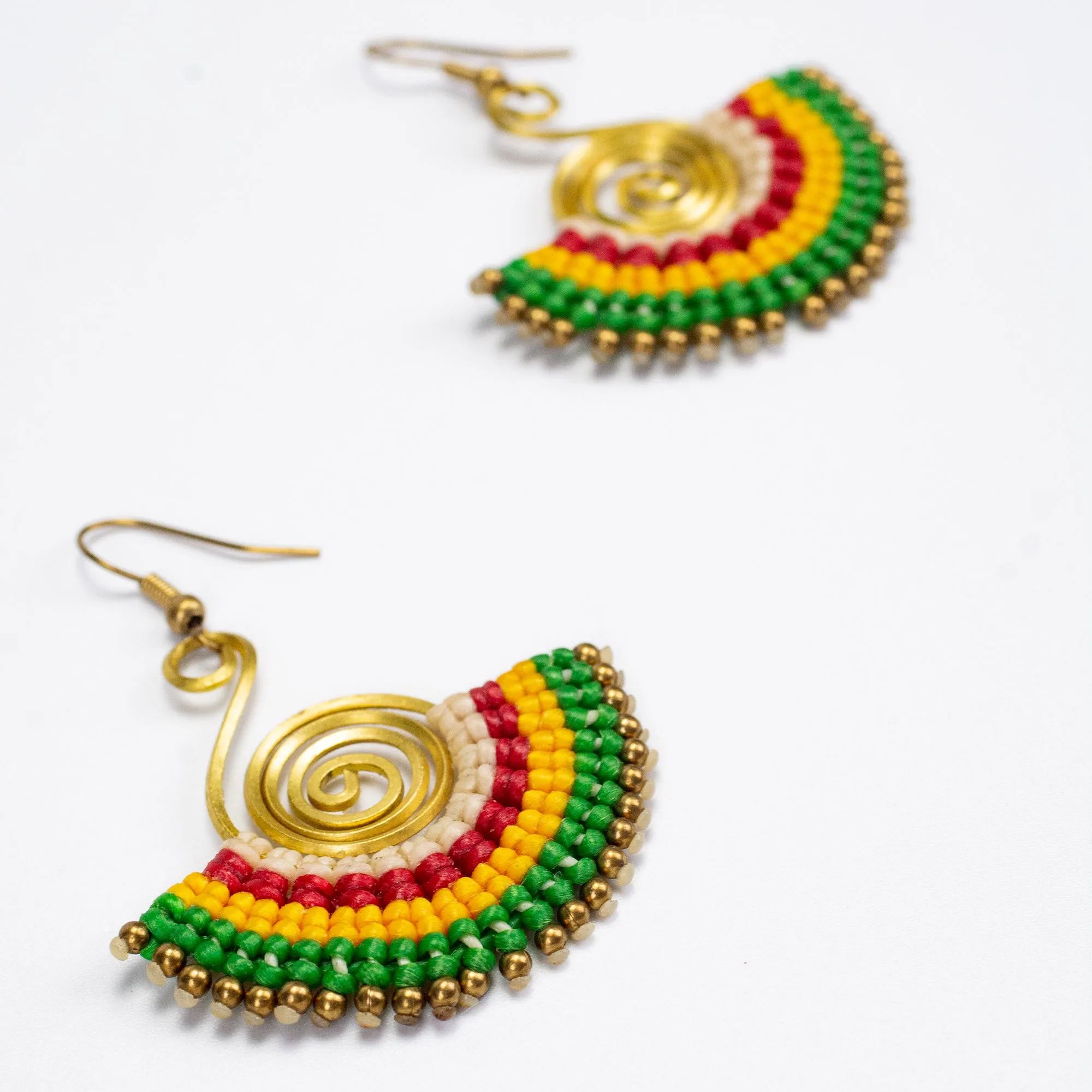 Fan Green Yellow Waxed String Spiral Brass Earrings