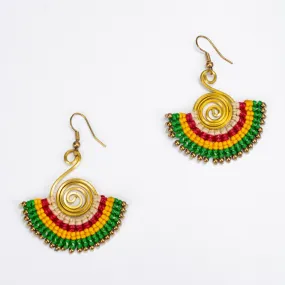 Fan Green Yellow Waxed String Spiral Brass Earrings