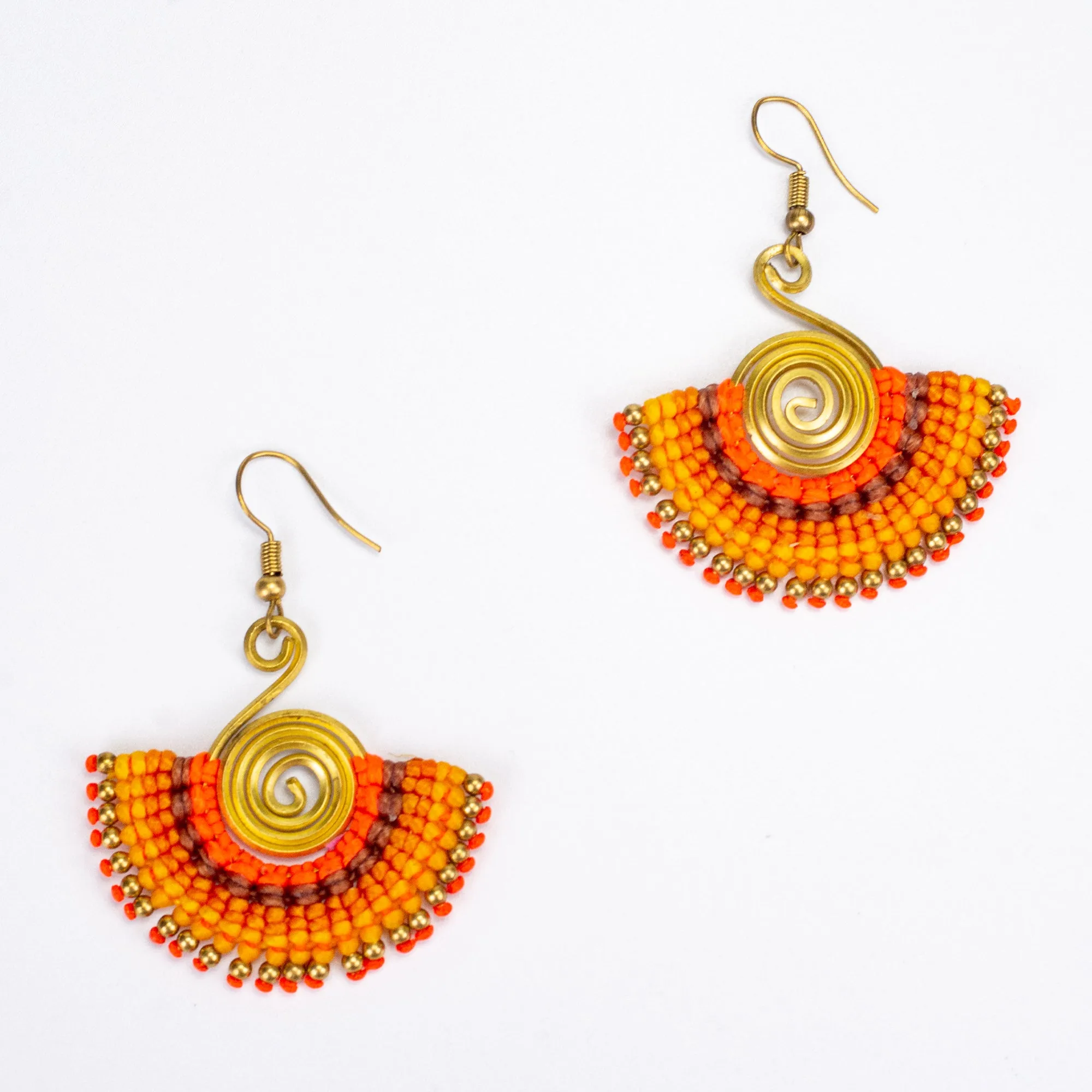 Fan Orange Yellow Waxed String Spiral Brass Earrings