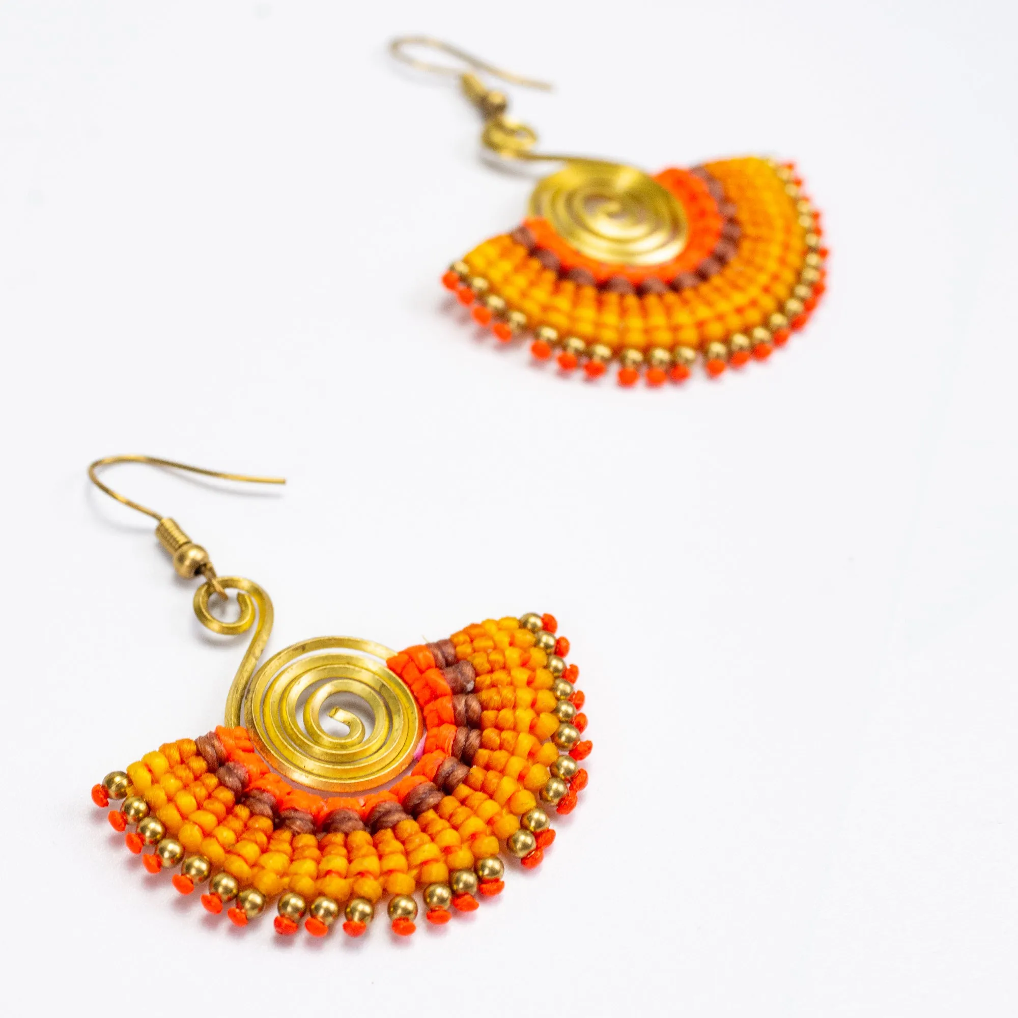 Fan Orange Yellow Waxed String Spiral Brass Earrings