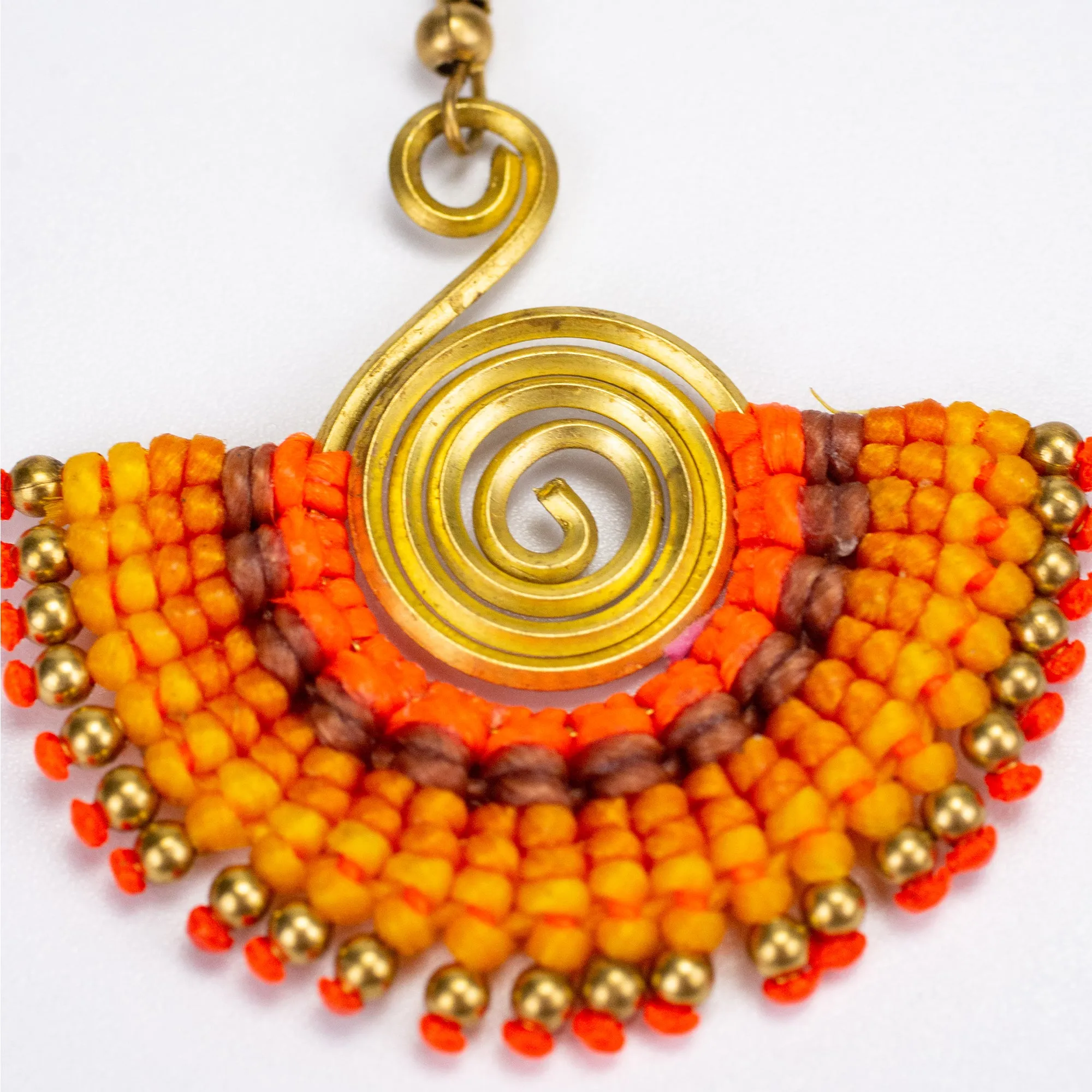 Fan Orange Yellow Waxed String Spiral Brass Earrings