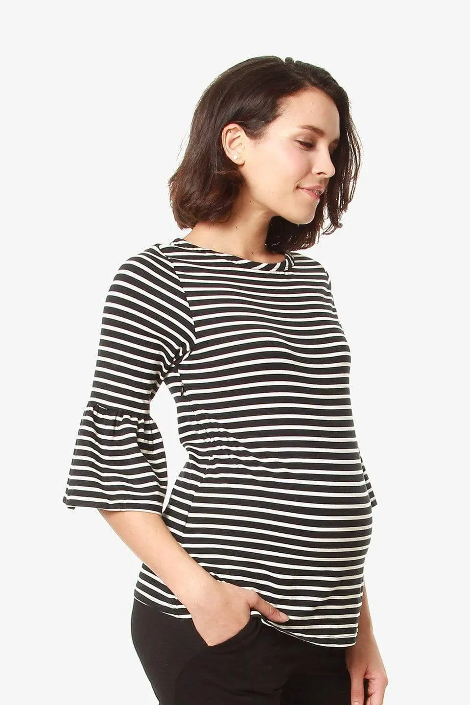 Flounce Sleeves Calynn Black Stripes Nursing Top